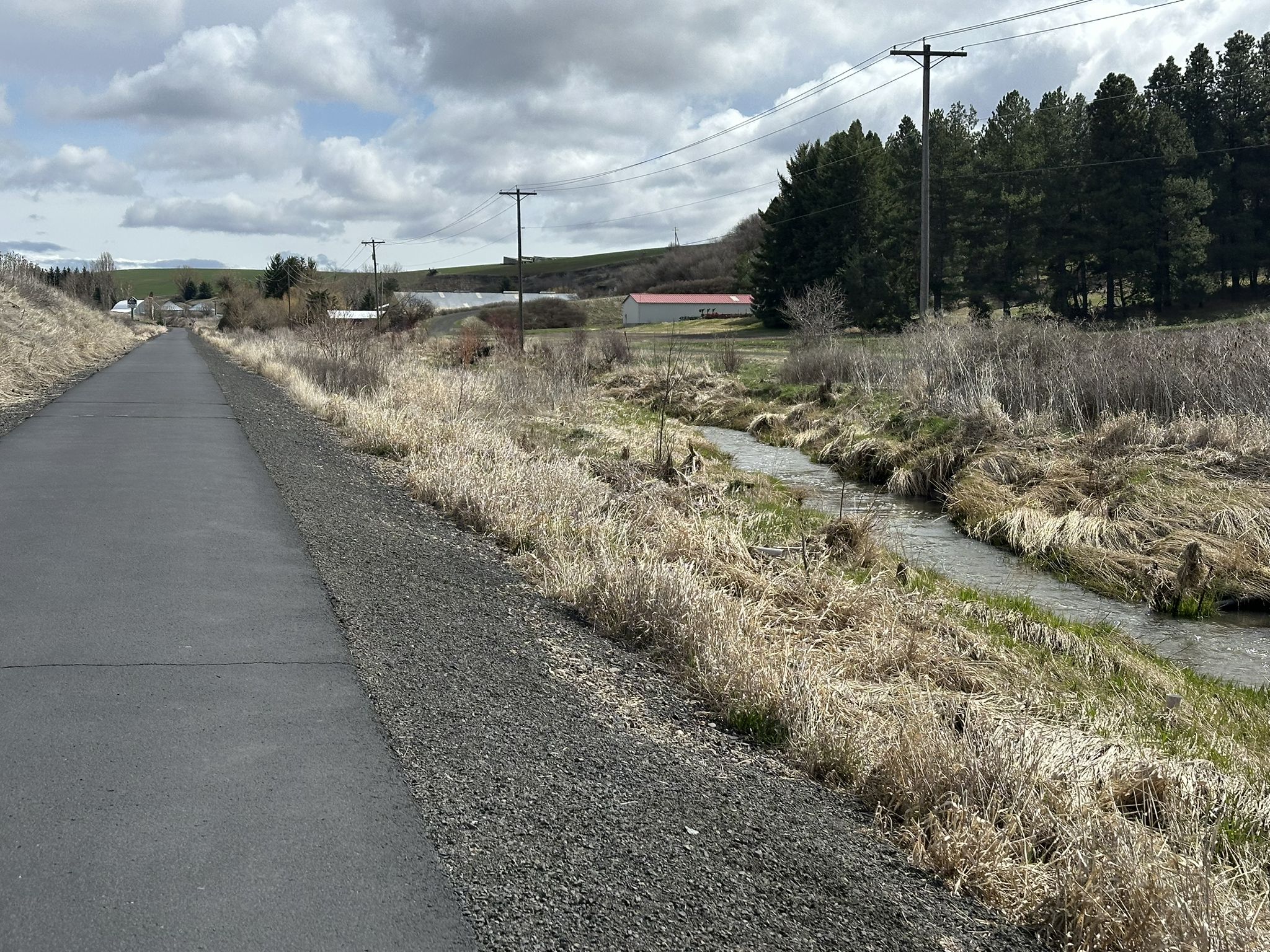Paved path alongside a small stream and dry grass under cloudy skies. - Bill Chipman Palouse Trail loop from Pullman