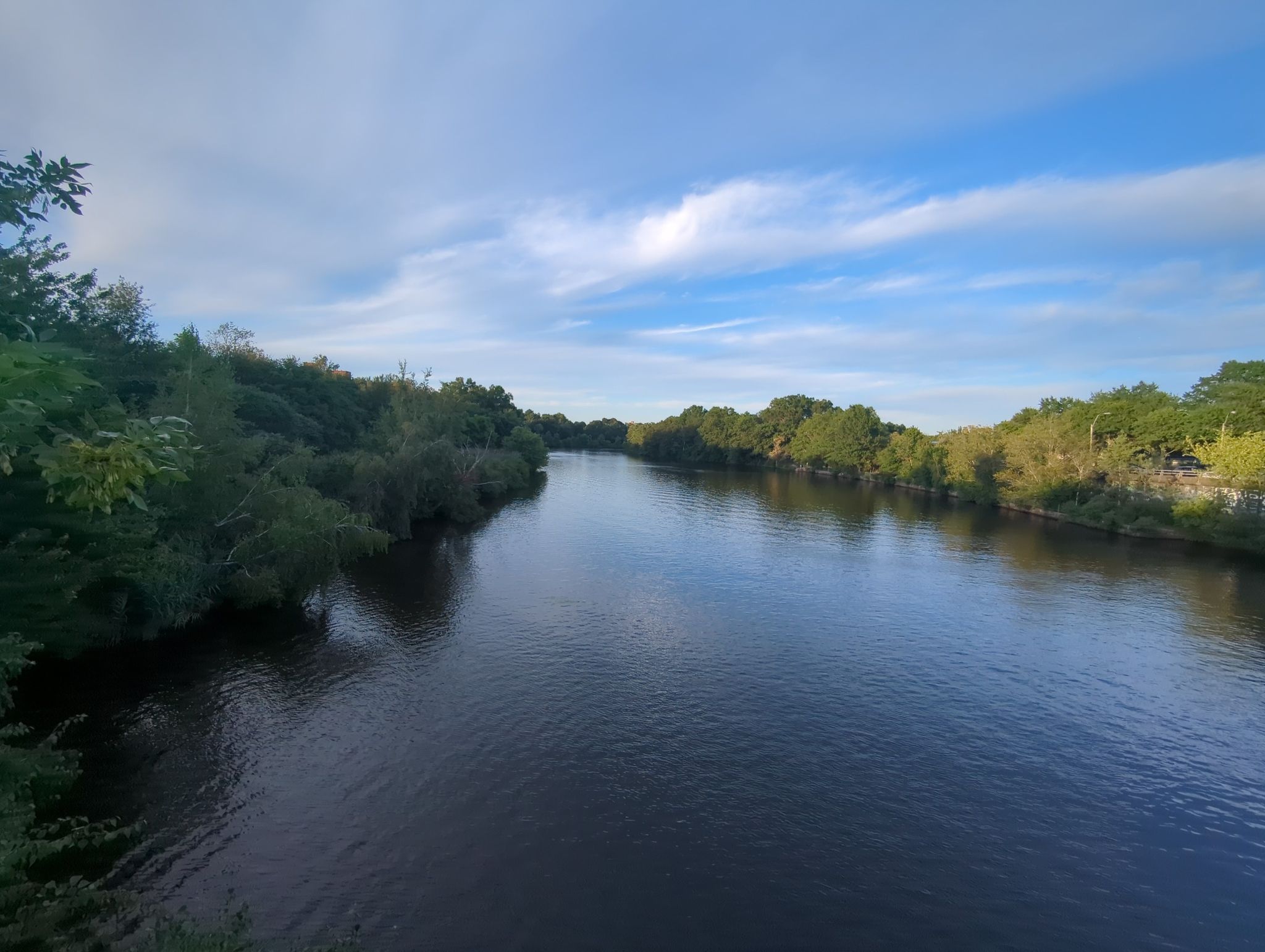 A wide river flowing between lush green banks under a cloudy sky. - Dr. Paul Dudley White Path Loop