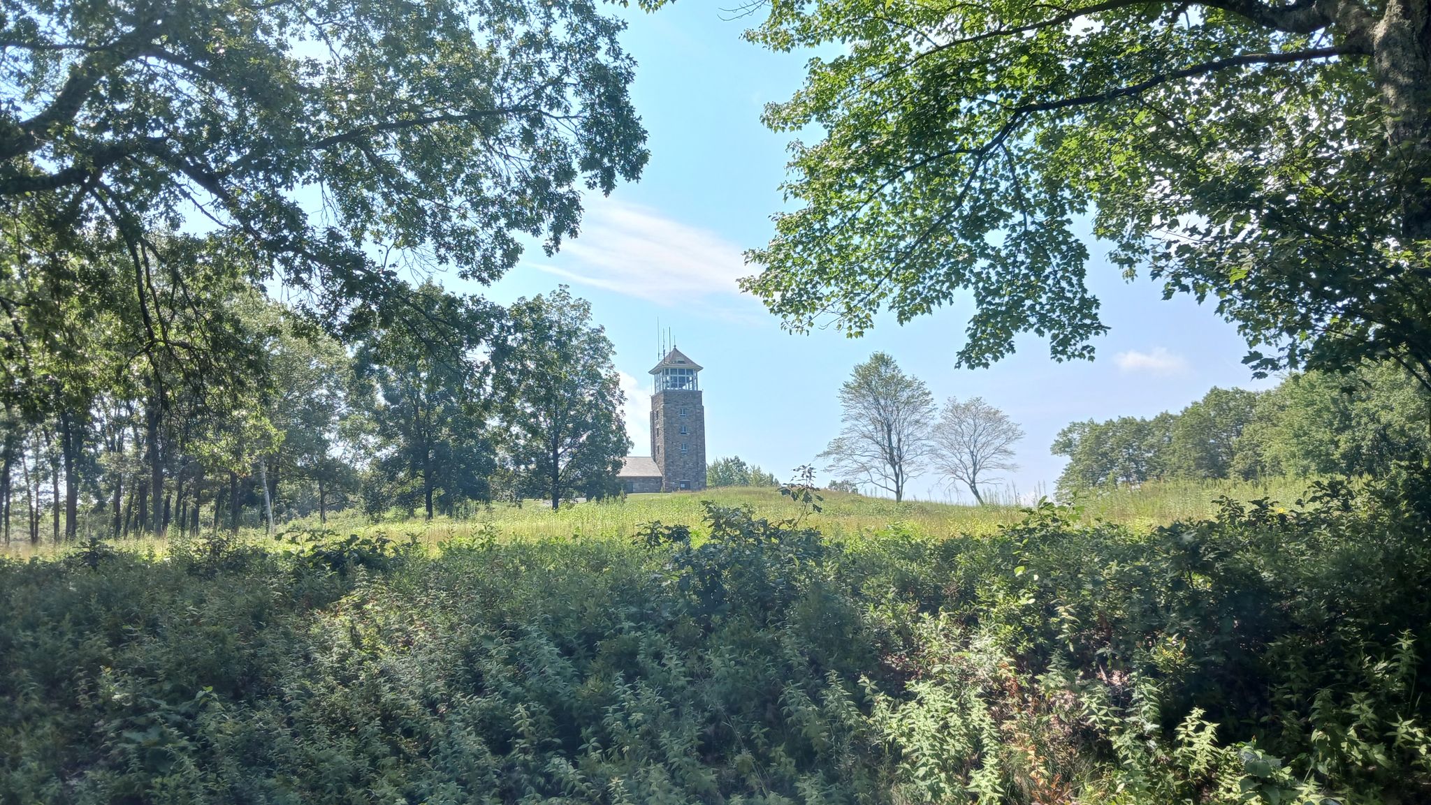Stone tower on a grassy hill, framed by green trees under a blue sky. - Quabbin Hill loop from Belchertown