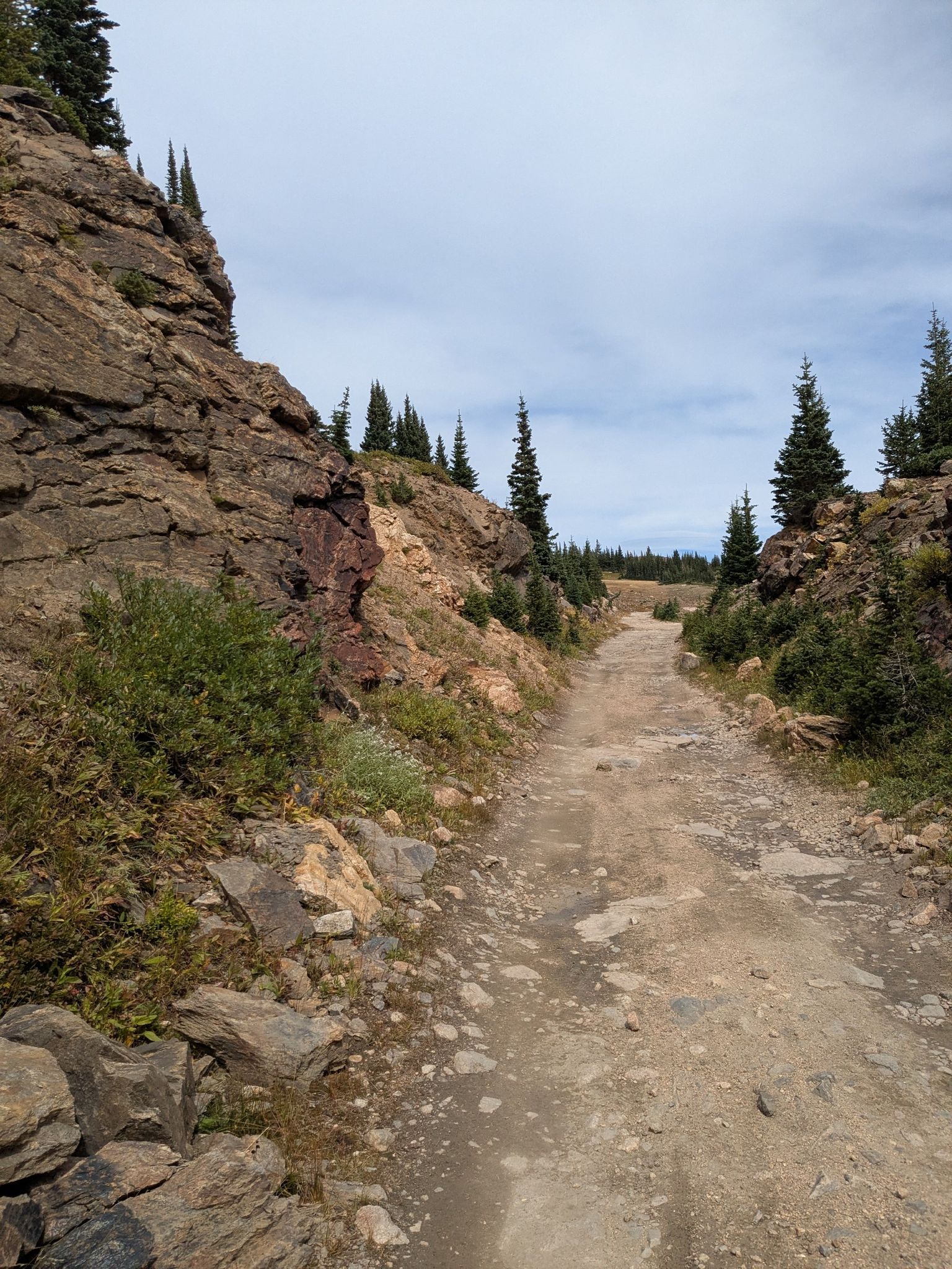 Dirt road winding through a narrow mountain pass with rocky cliffs and pines. - Yankee Doodle Lake – Rollins Pass loop from Guinn Mountain