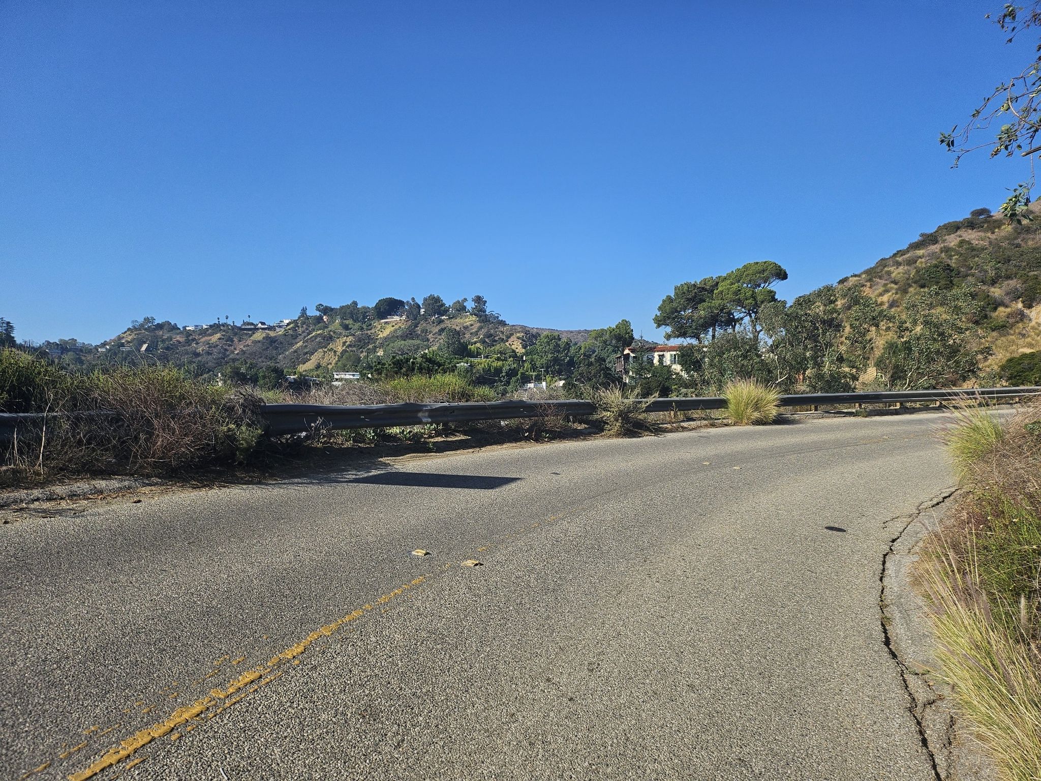 Curved paved road on a sunny hillside with distant houses and green trees. - Roadbike loop from Fairfax