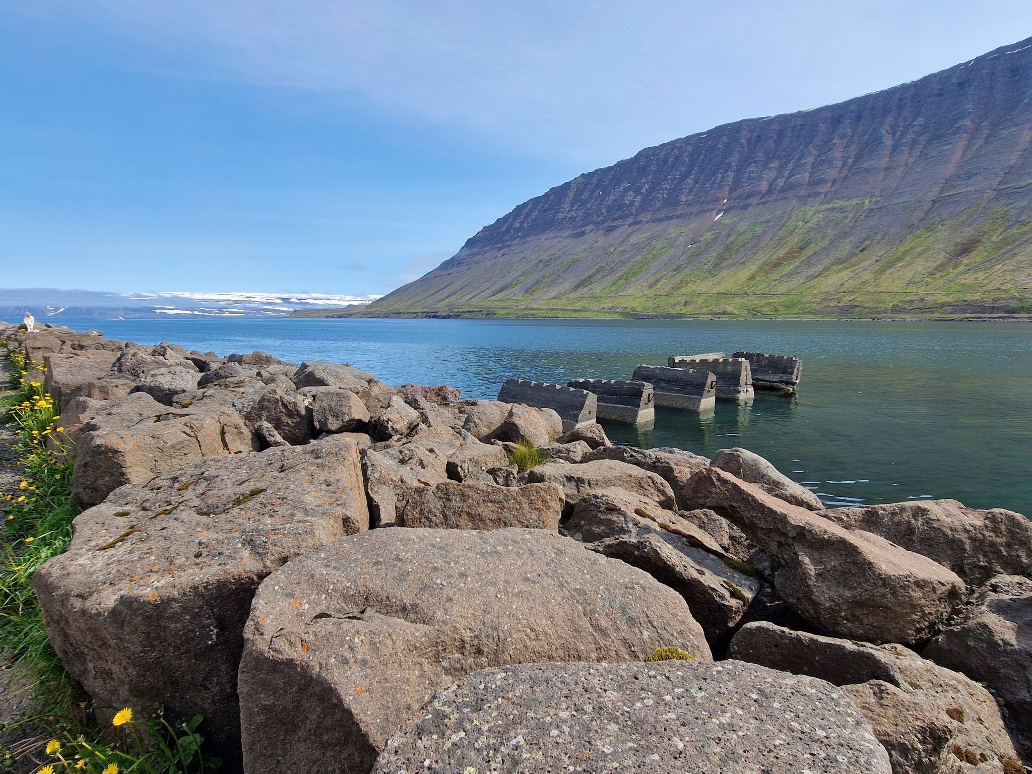 Blick auf den Fjord Skutulsfjörður im Westen Islands