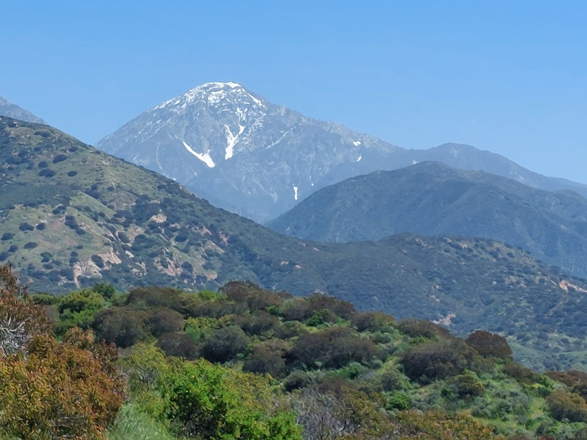 Distant snow-capped peak rises above lush green and brown hills. - Sycamore Canyon Park – Burbank Trail loop from KSPC-FM (Claremont)