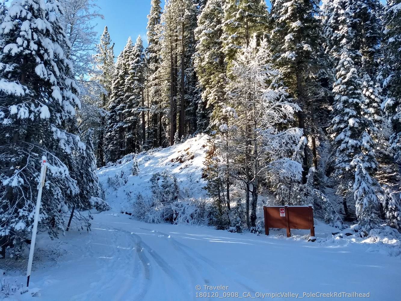 Snow-covered path leading into a sunlit forest with an information board. - Squaw Valley Bike Path – Truckee Downtown loop from Olympic Valley