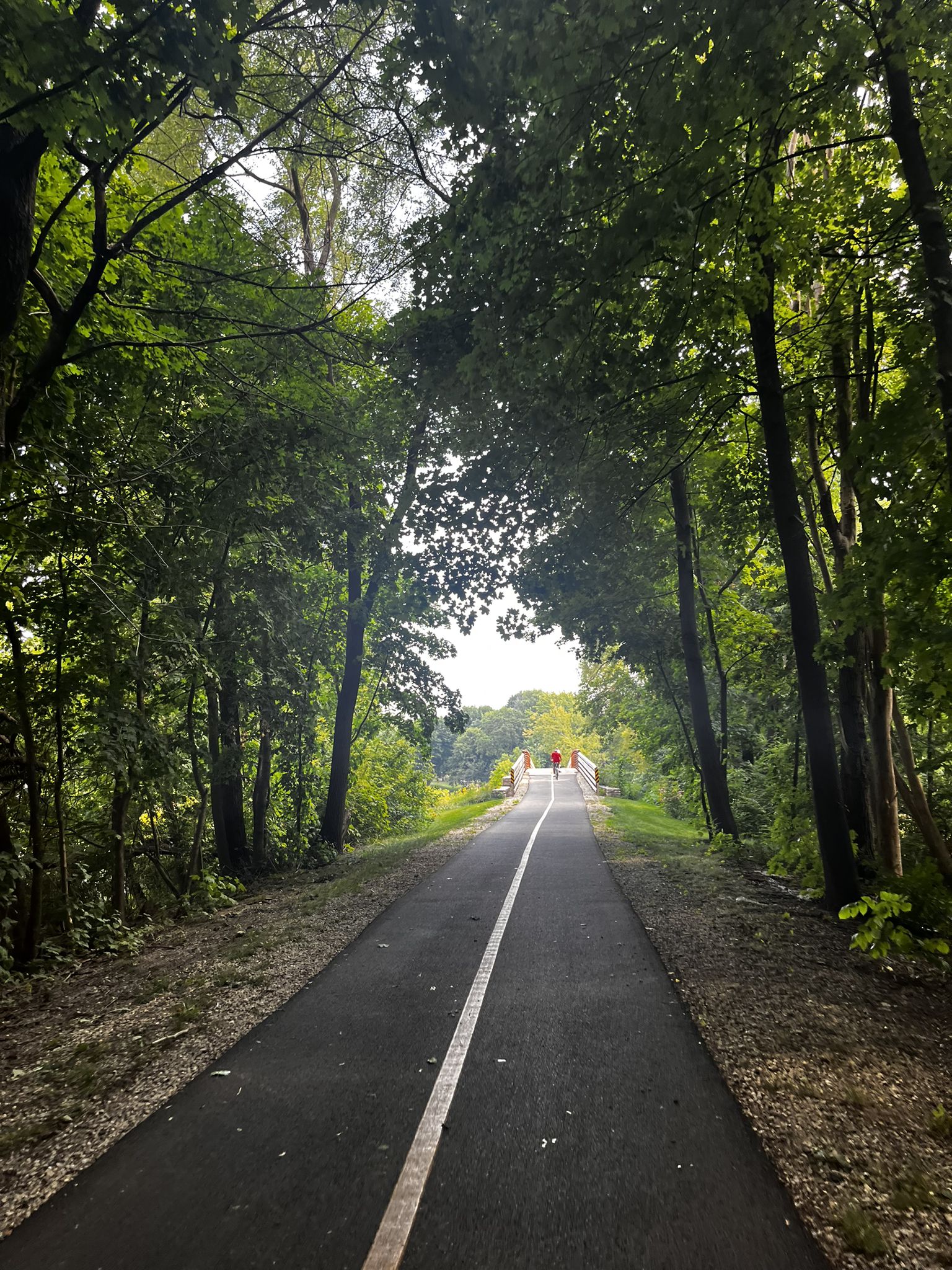 A tree-lined paved path leads to a distant bridge with two people. - Wooden bridge into Algonquin – Wooden Bridge Over Fox River loop from Barrington