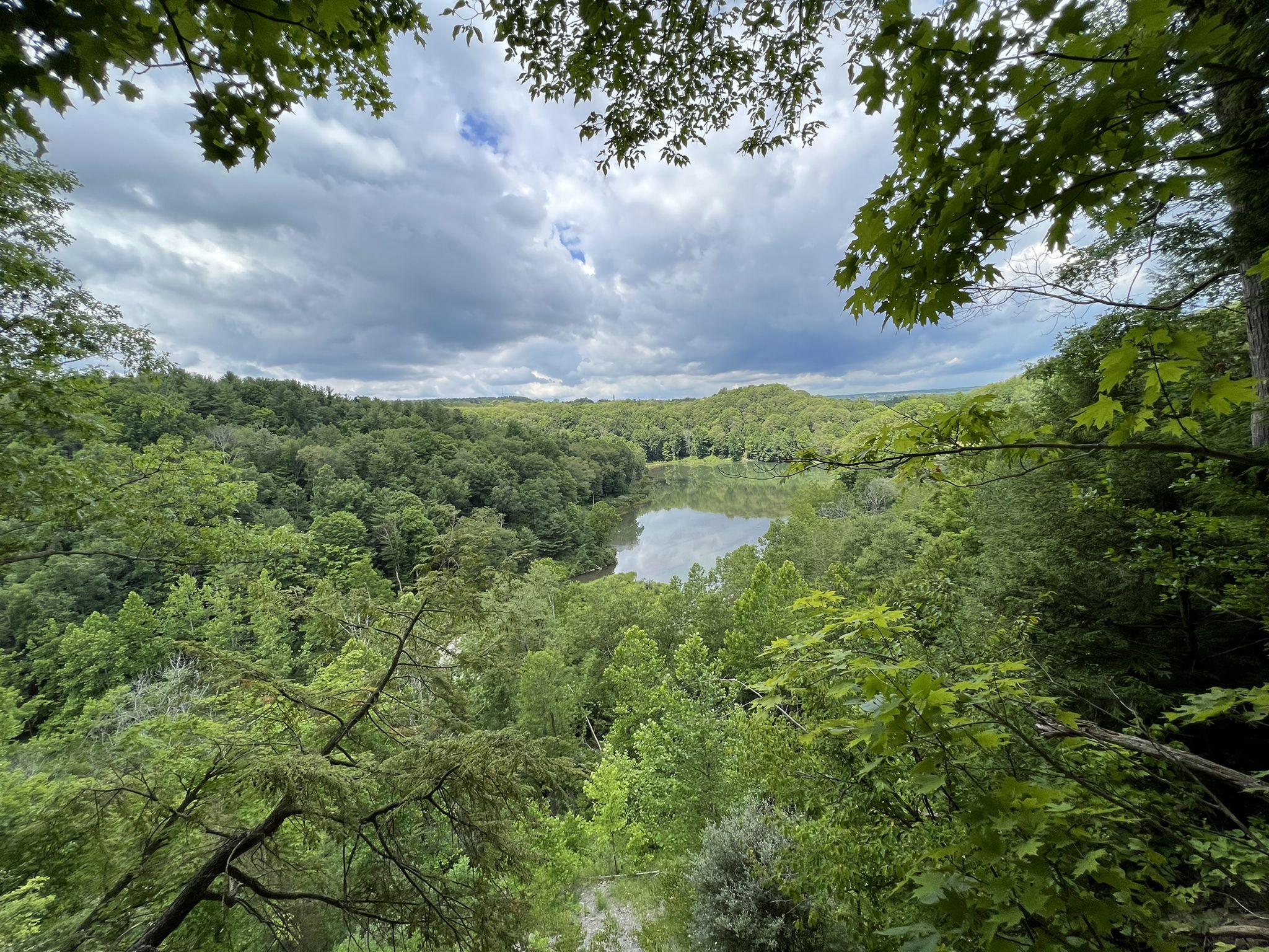 Overcast view of a lake nestled in a dense green forest. - Six-Mile Creek Trail