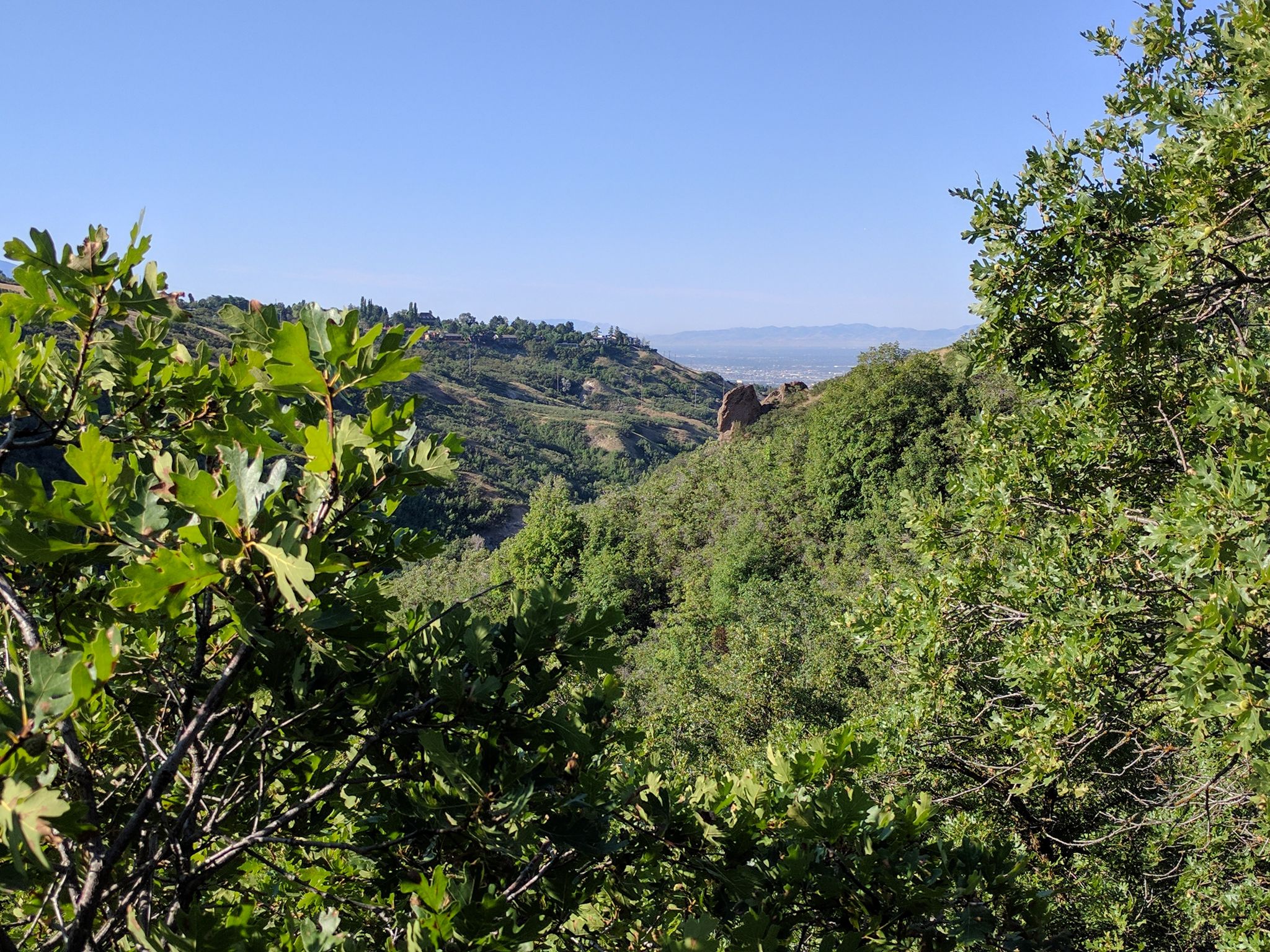 Bright sunny day over lush green forested hills and distant mountains. - North Salt Lake loop
