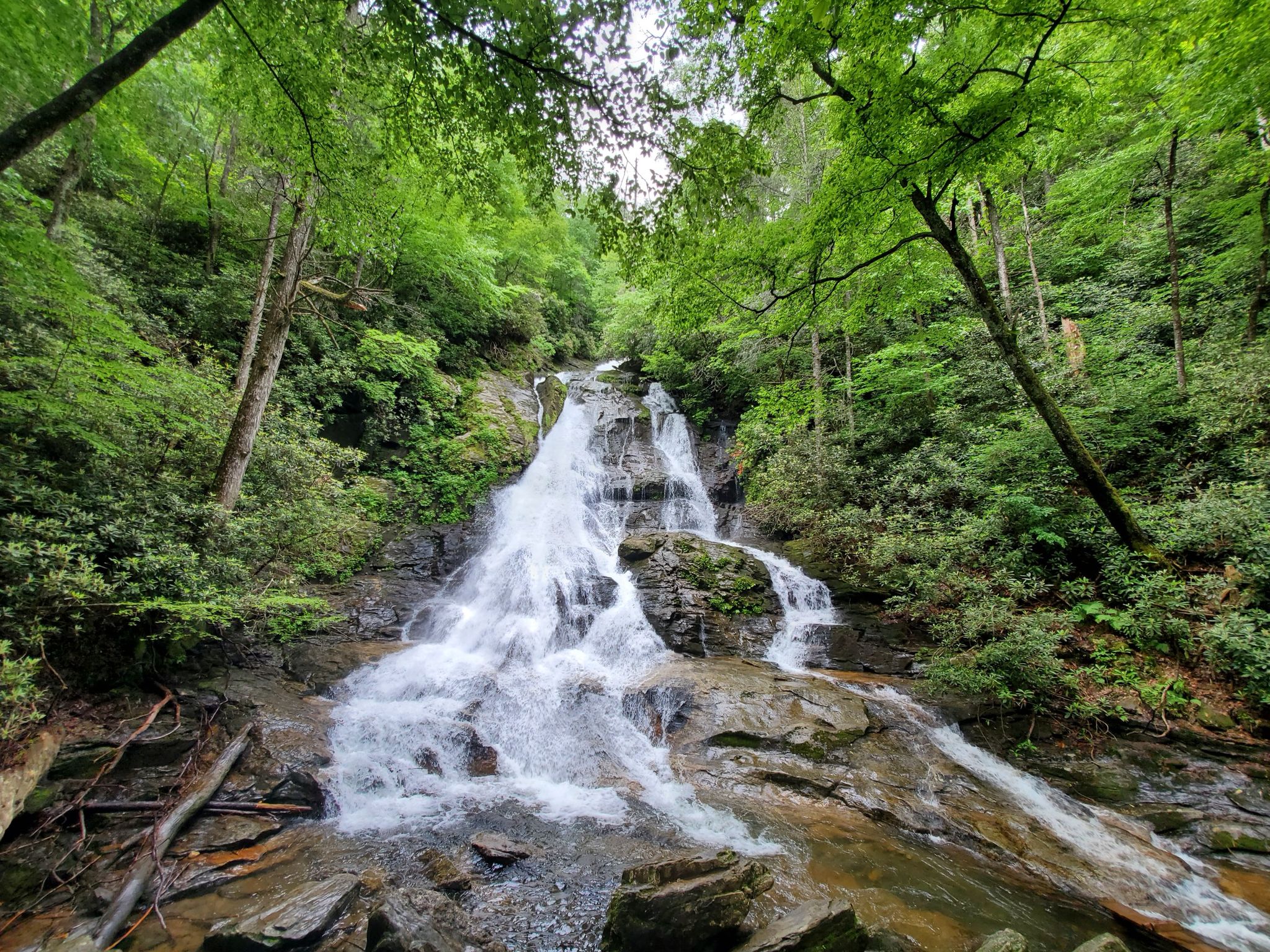 Cascading waterfall surrounded by lush green forest and rocks. - High Shoals Falls Trail