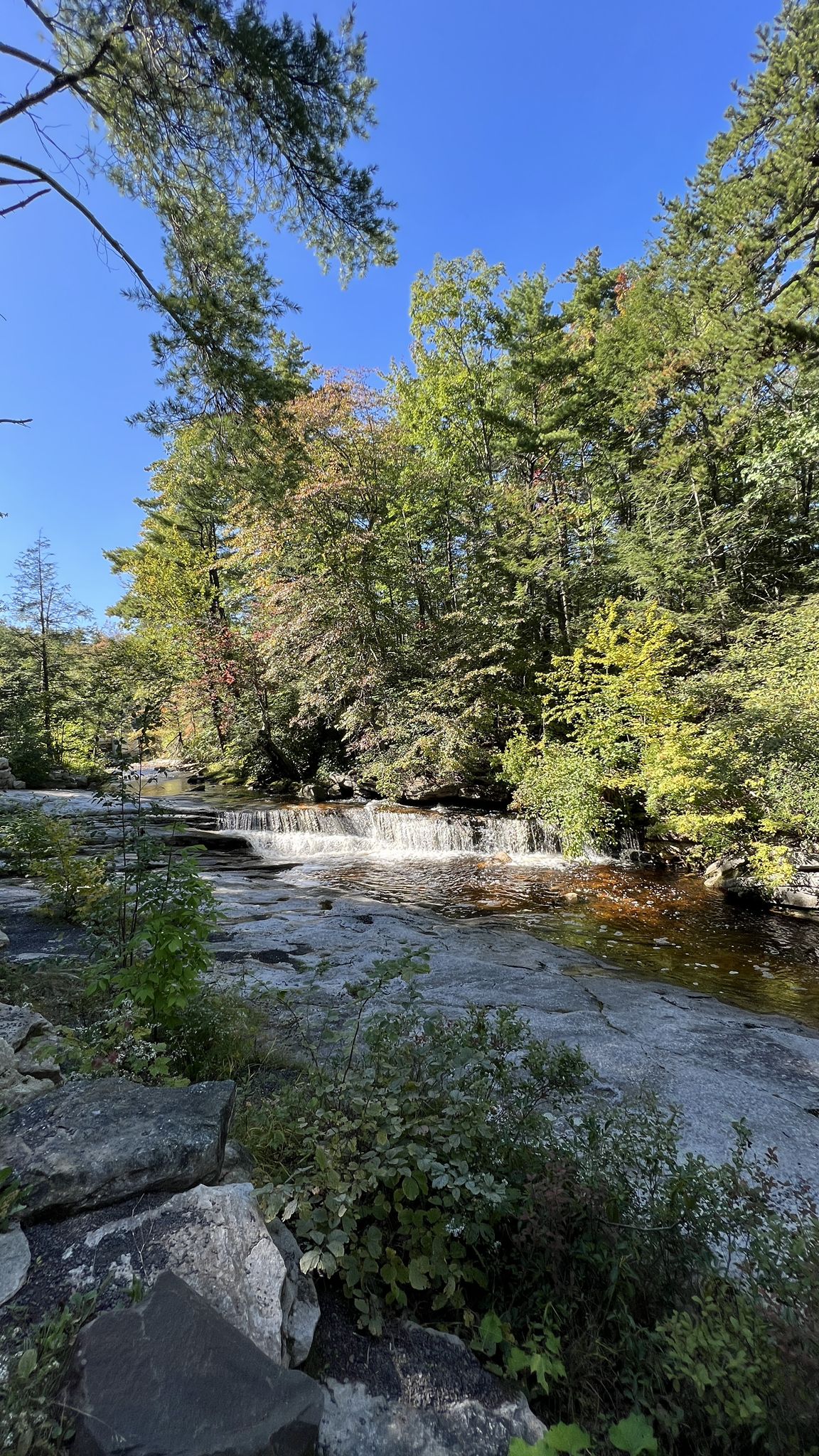 Small waterfall in a rocky river, surrounded by lush green and autumn trees on a sunny day. - Awosting Falls – Overlook loop from Cragsmoor