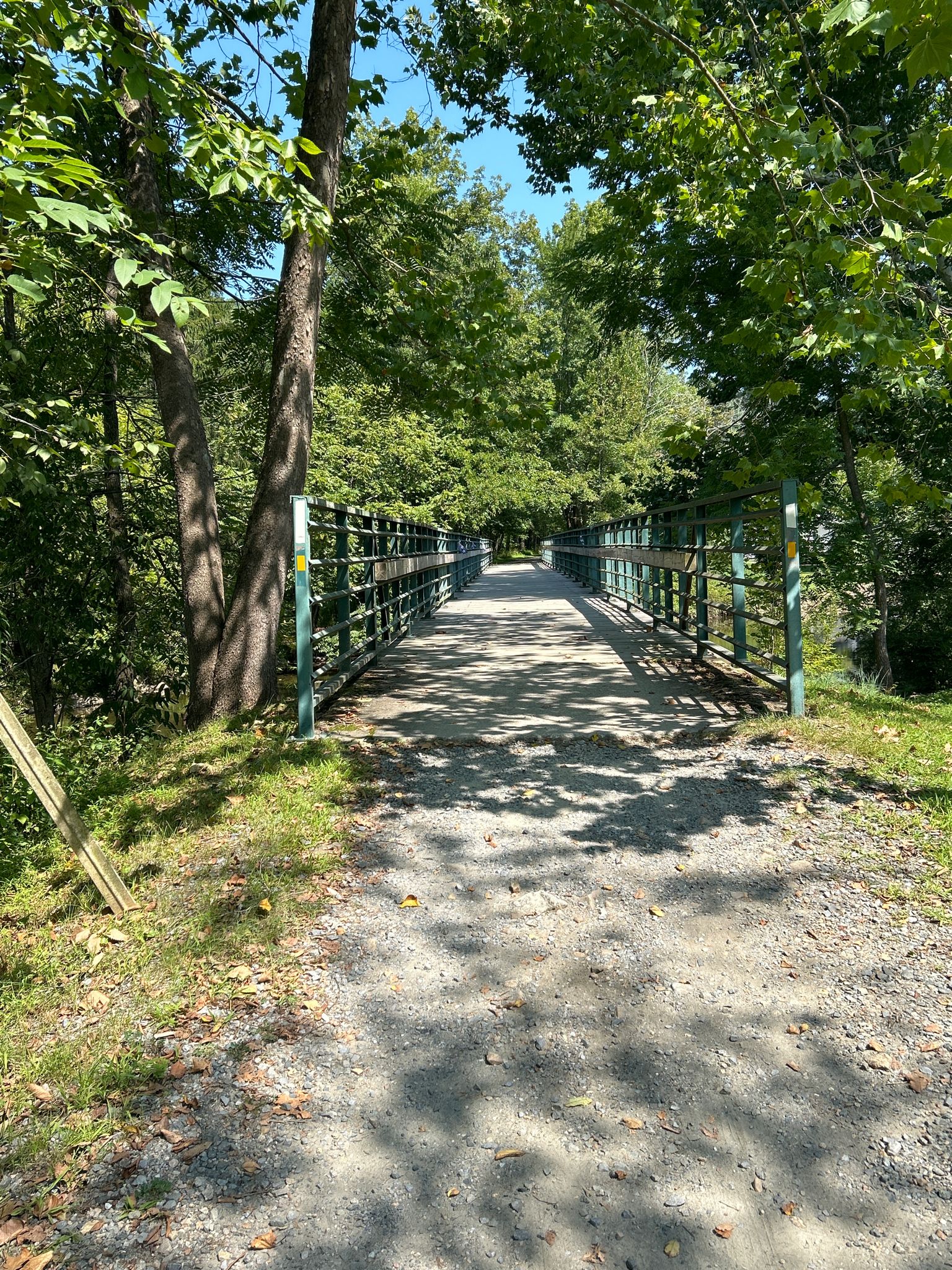 A dirt path leads to a metal bridge surrounded by lush green trees. - Zabel Farm loop from Parker Road Preserve