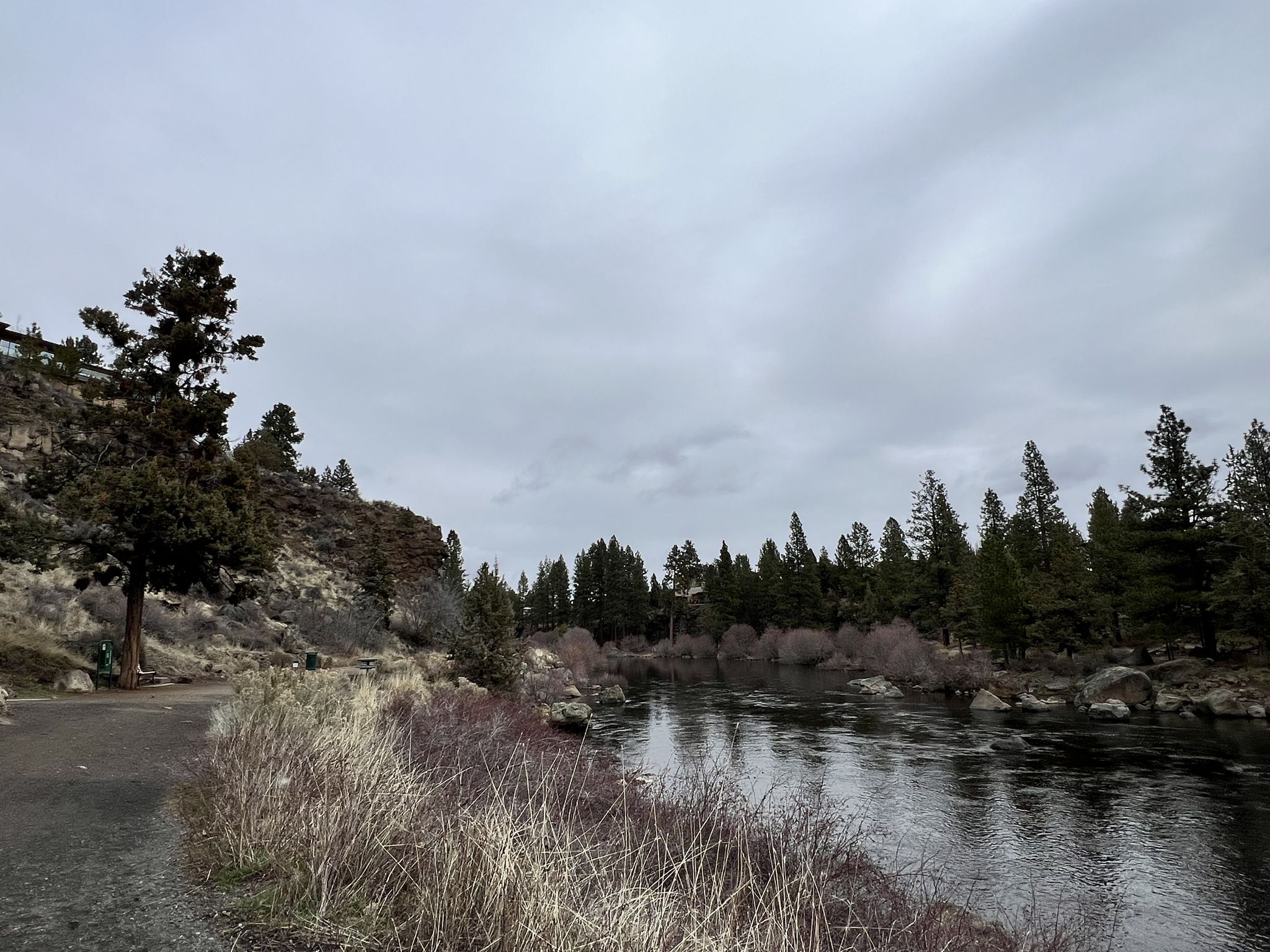 Overcast day with a river flowing past a rocky bank and dense trees. - Drake Park – Drake Park loop from Bend