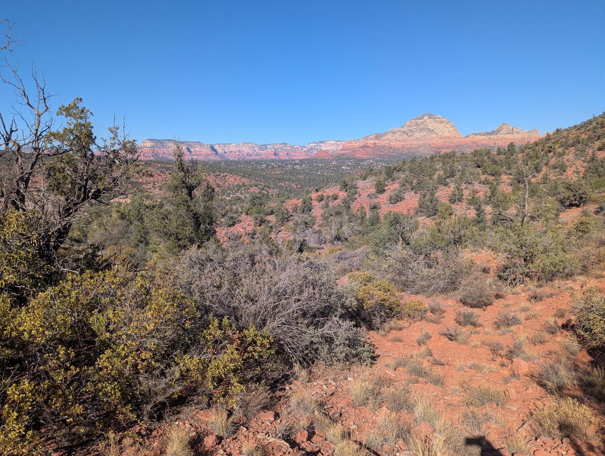 Sunny desert landscape with red earth, green shrubs, and distant mountains. - Ridge Trail (Sedona) loop from Stutz Bearcat Dr (Golden Goose Amer. Grill)