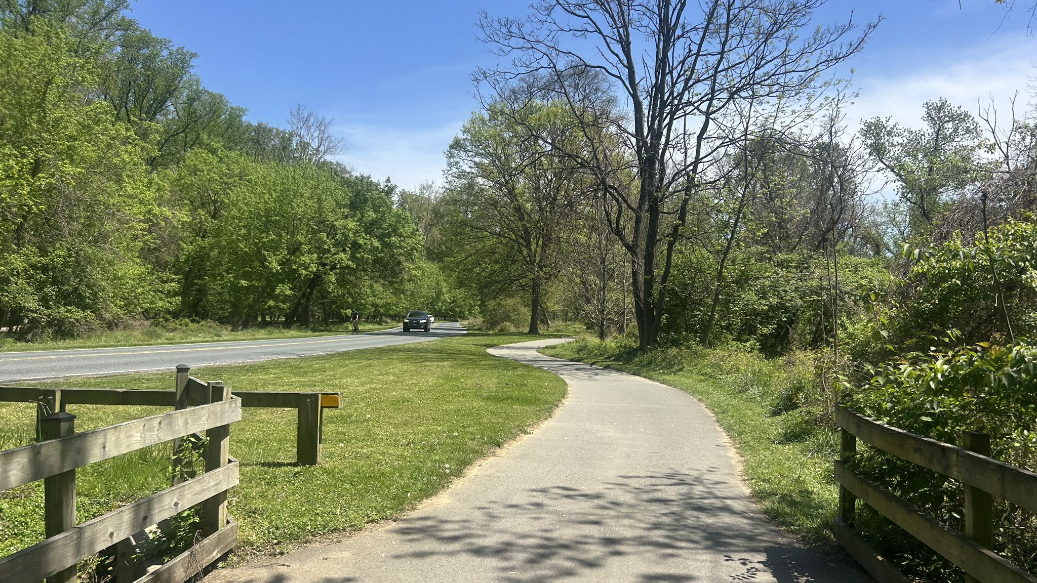 Bright paved path winding through green trees and grass, with a distant road. - Beach Road – Water fountain on Beach Drive loop from National Library of Medicine