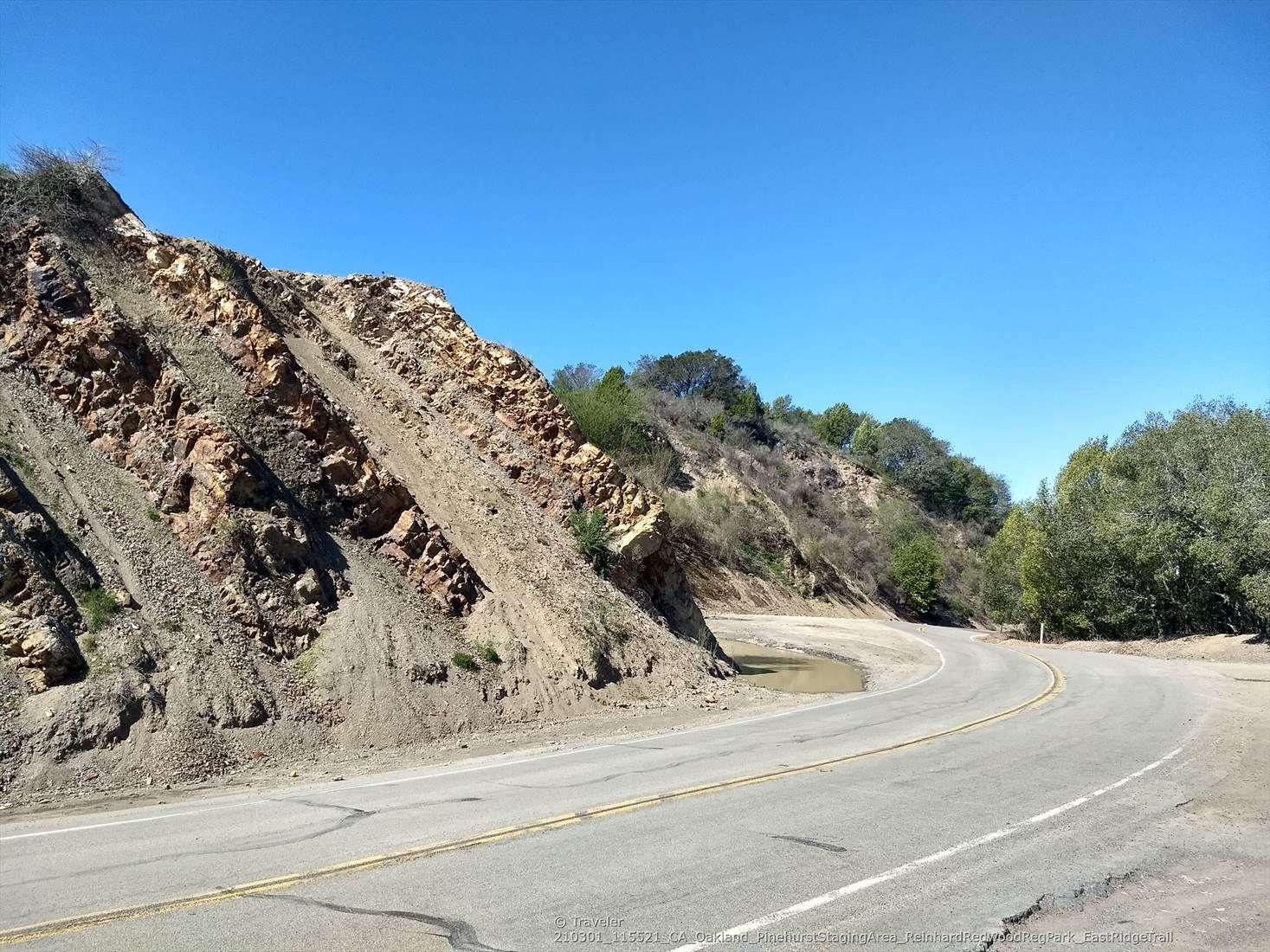 A winding paved road next to a steep, rocky hillside under a clear sky. - East Bay Skyline and Berkeley Hills Loop