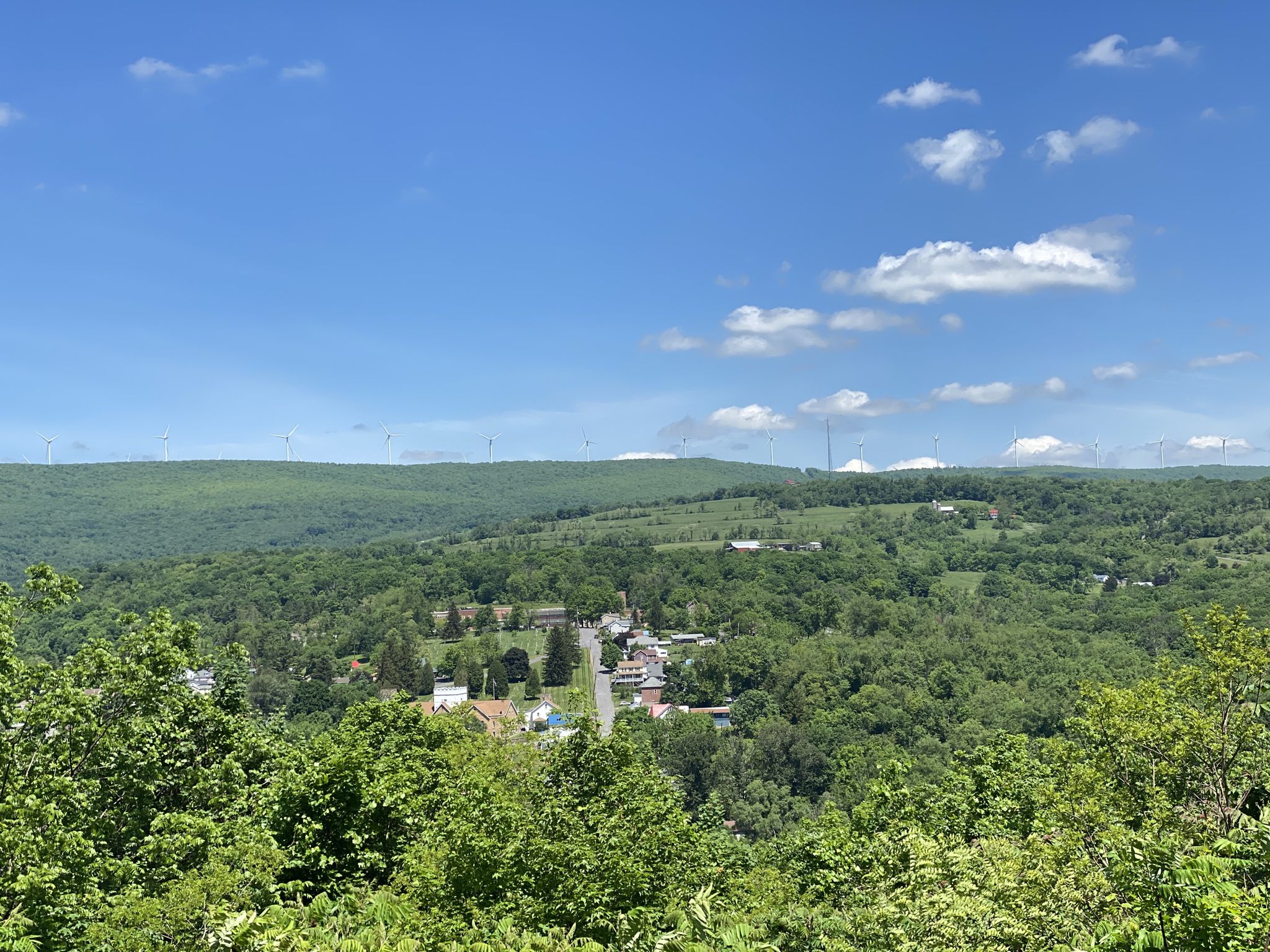 Panoramic view of a town nestled in a green, forested valley. - Brush Tunnel – Frostburg Trailhead loop from Corriganville