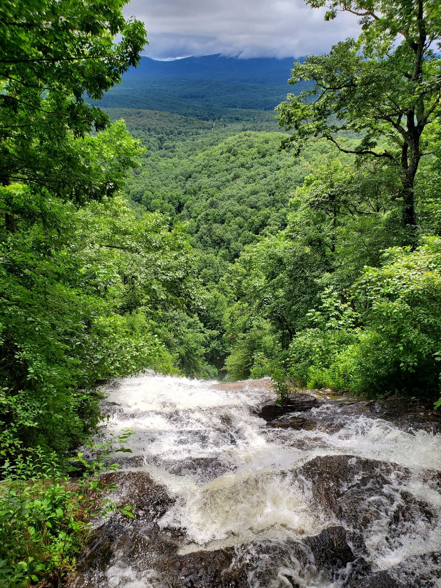Rushing waterfall in foreground, overlooking a vast green forest and misty mountains. - Len Foote and Appalachian Approach Loop Trail