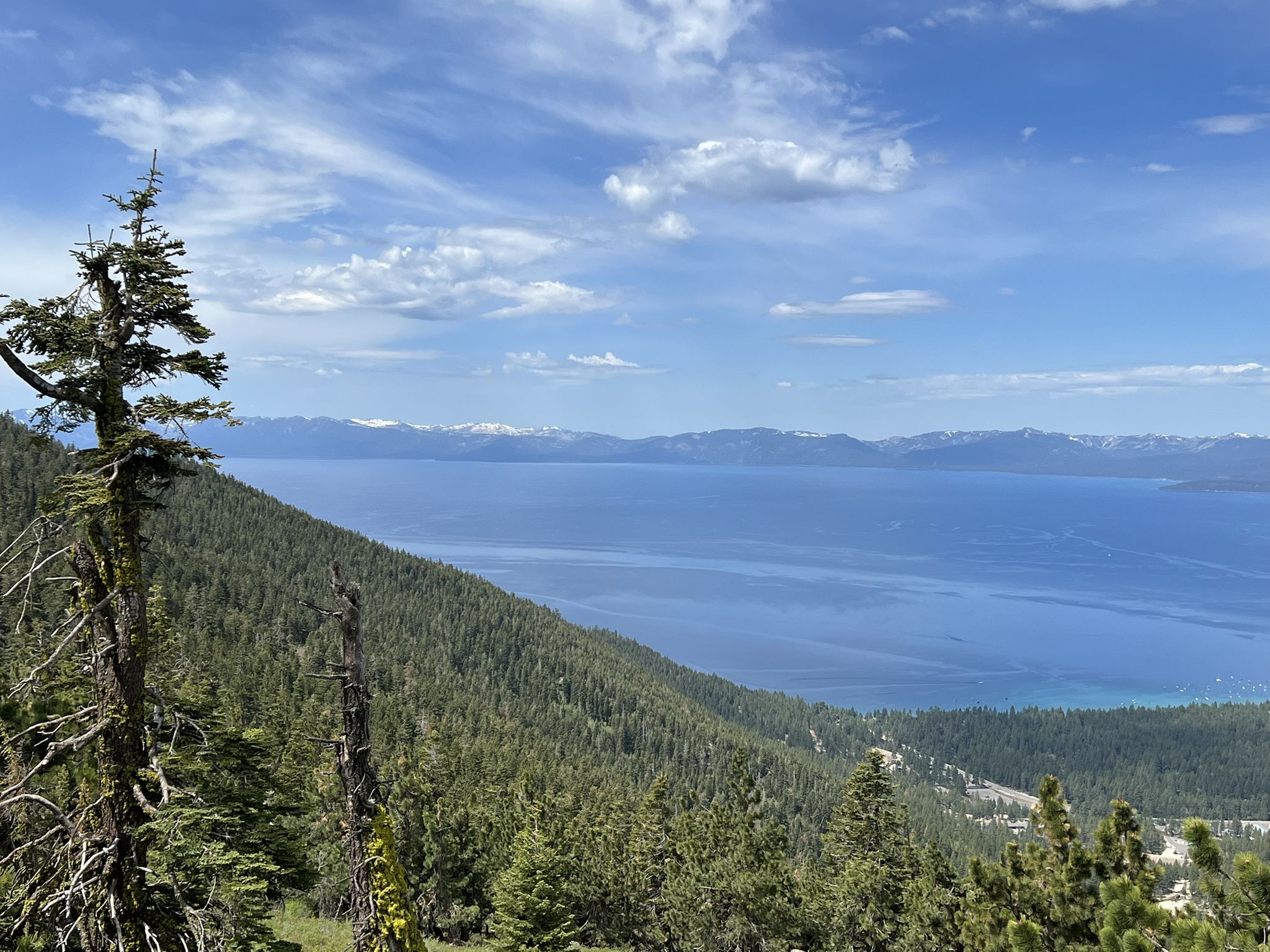 Expansive blue lake, green forested mountainside, and distant peaks under a bright sky. - Marlette Lake – Sand Harbor Beach loop from America