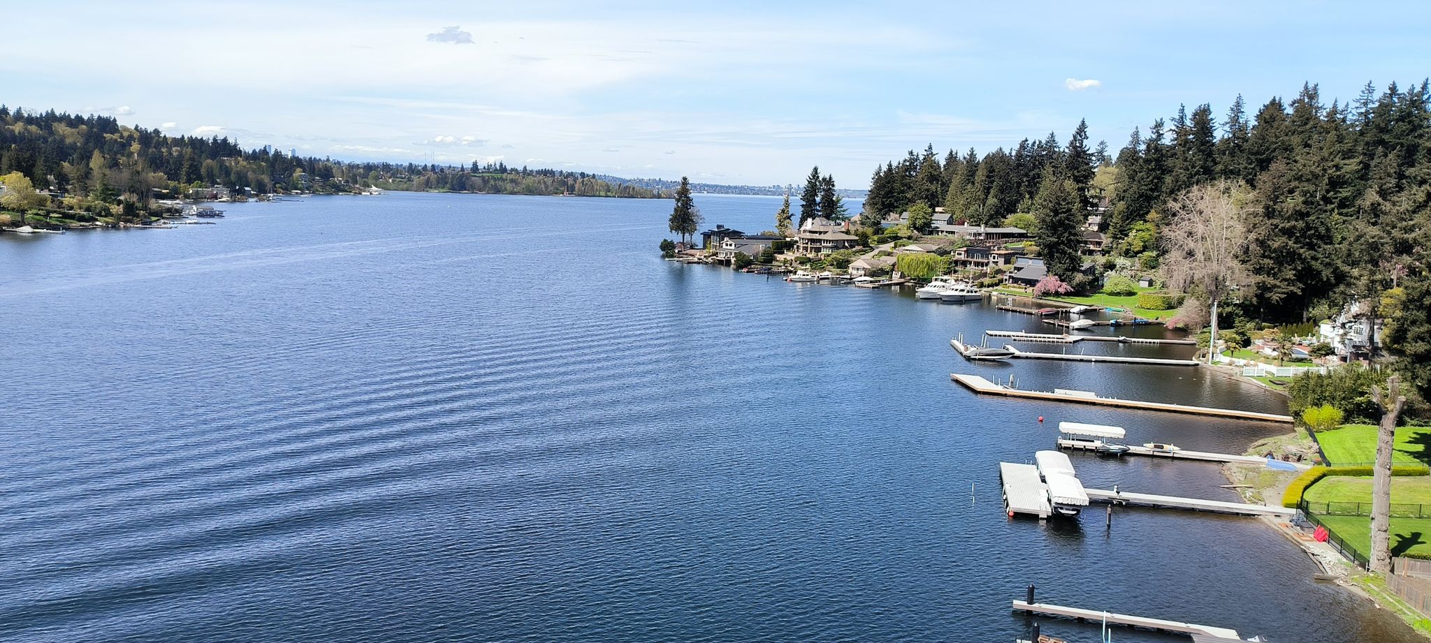 Wide lake with forested shores, houses, and docks under a bright sky. - Lake Washington Loop