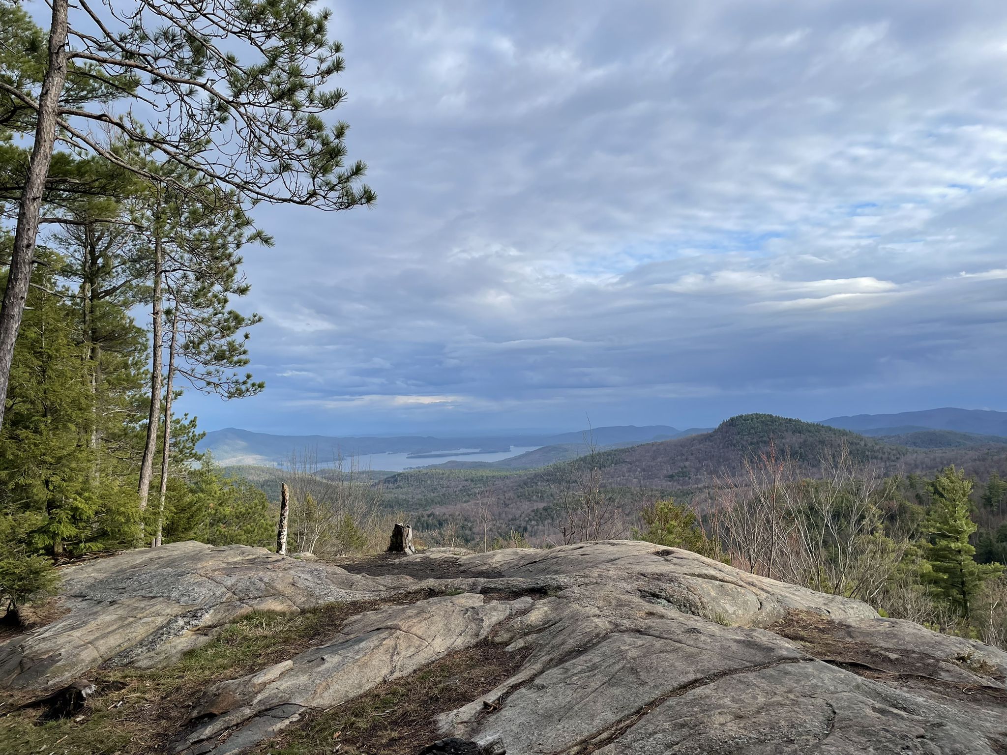 Rocky foreground with pine trees, overlooking a distant lake and mountains. - Thomas Mountain