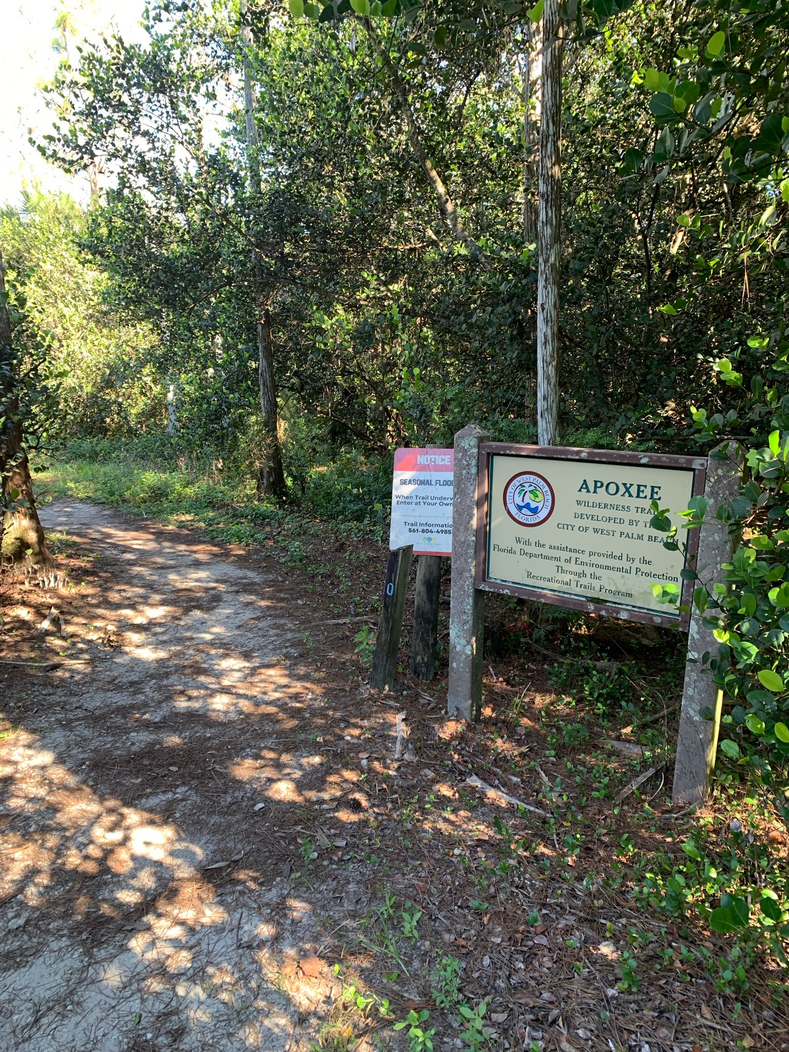 A wooden sign stands beside a shaded dirt path in a green forest. - Apoxee Trailhead loop from Oslo national park