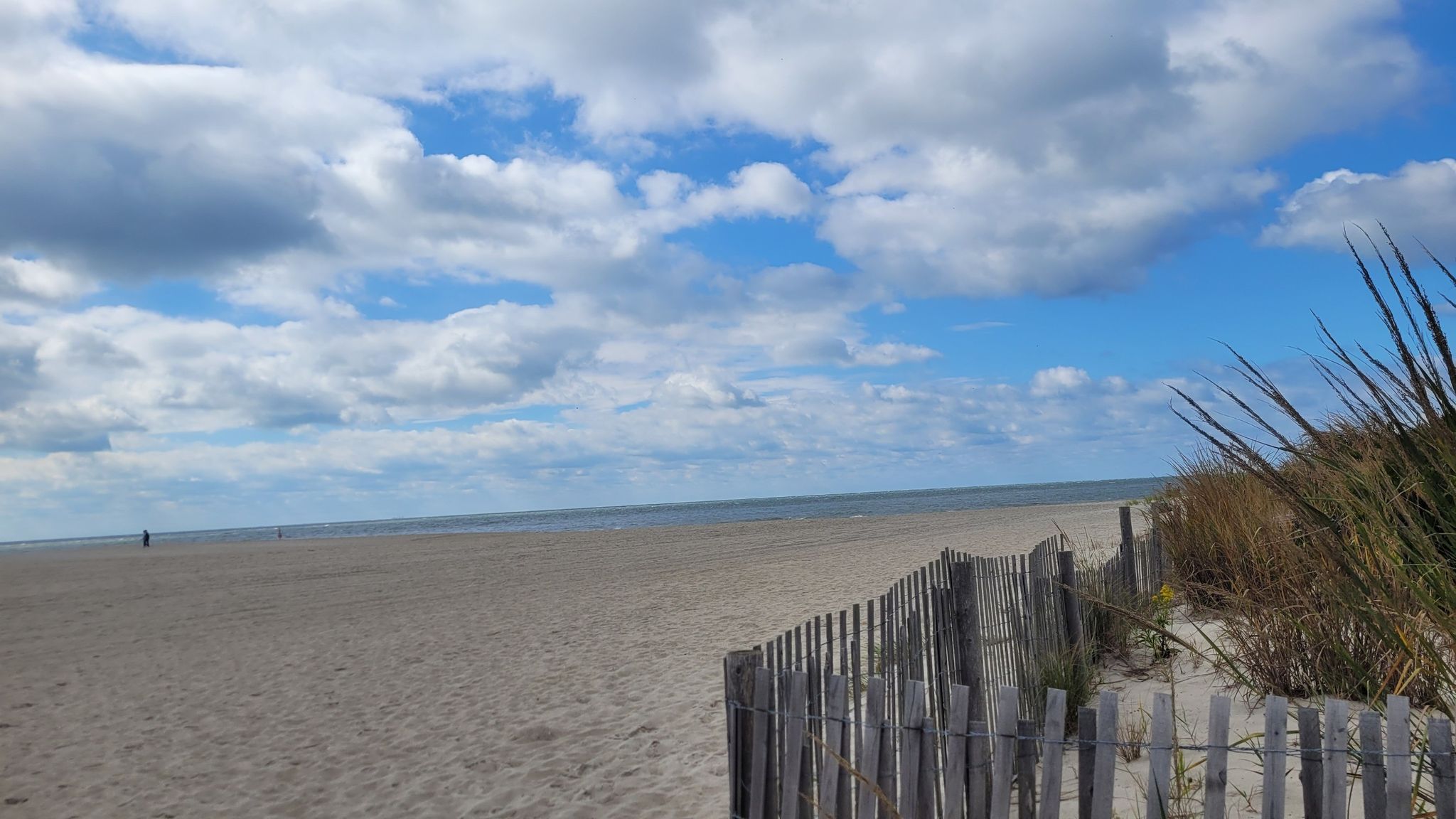 Wide sandy beach with ocean, cloudy sky, and a wooden fence. - Higbee Beach – Cape May loop from Cape May Point State Park