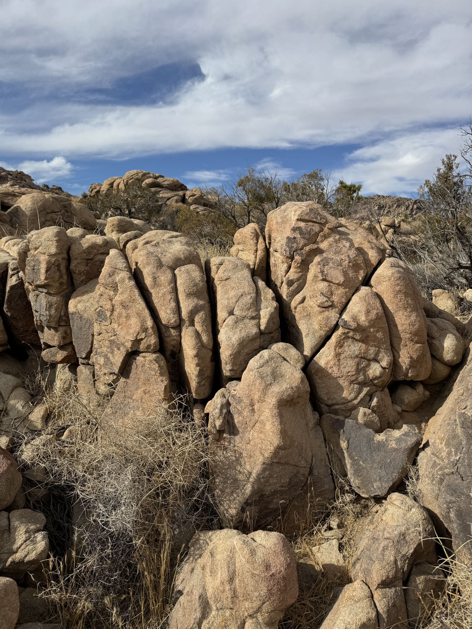 Large cracked boulders and dry brush under a partly cloudy sky. - Samuelson's Rocks via Creosote Trail