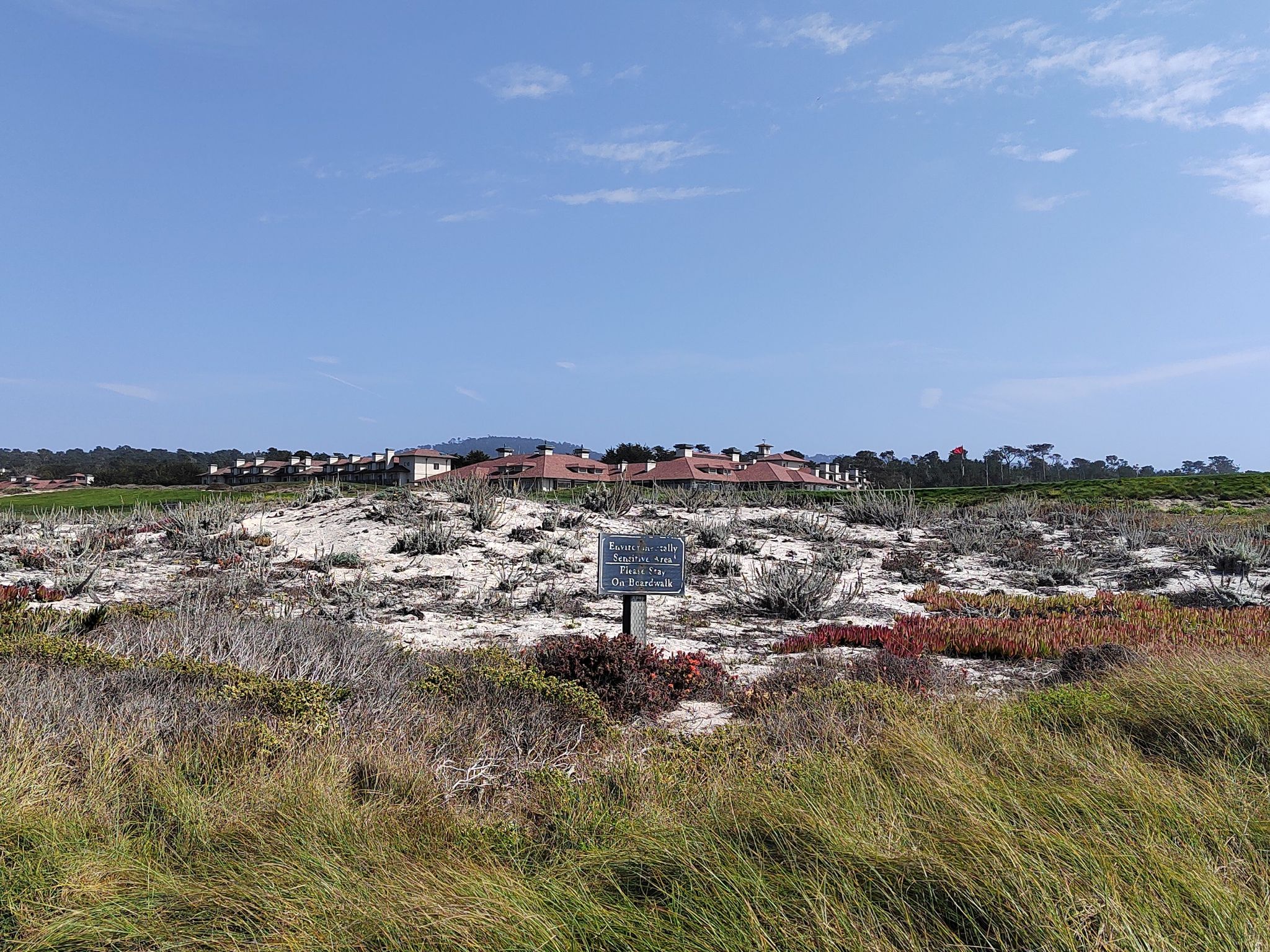 Sunny view of a sign in grassy dunes with distant buildings under blue sky. - Spanish Bay Trail