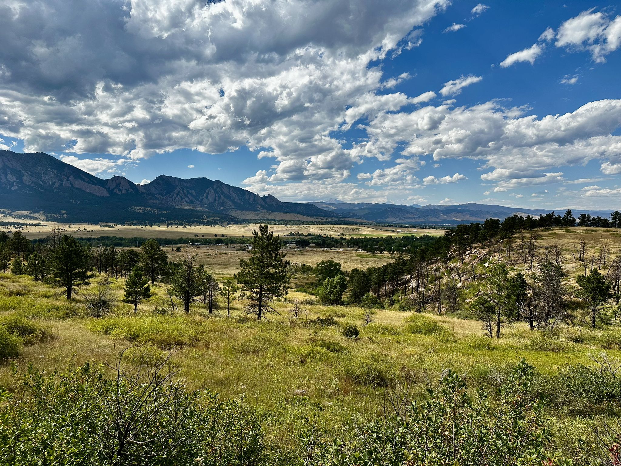 Scenic valley with scattered trees and distant mountains under a cloudy sky. - Mayhoffer Trail – Community Ditch Trail loop from Superior
