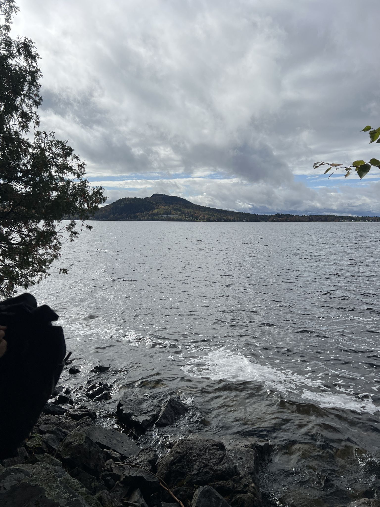 Rocky shoreline with choppy water, distant mountain, and cloudy sky. - Indian and Bridle Trail Loop