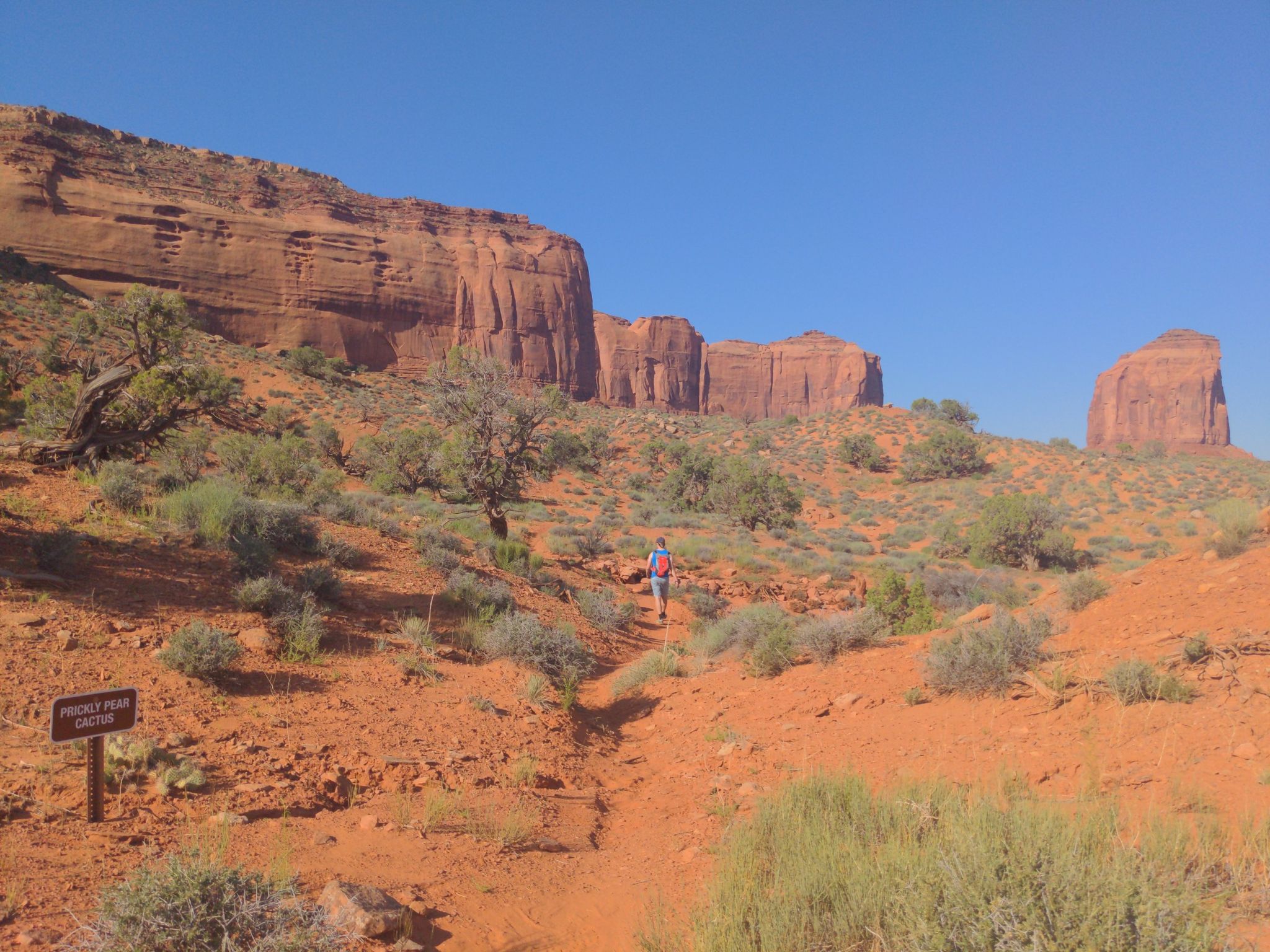 Hiker on a red dirt trail through a desert landscape with towering rock formations. - Monument Valley Campground Lee Cly Trail