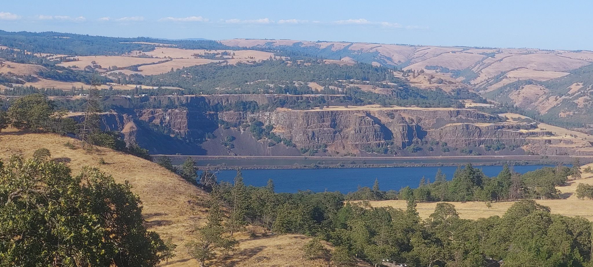 Blue river at base of steep cliffs, surrounded by rolling hills and trees. - Memaloose Lookout – View from Chatfield Hill loop from Memaloose State Park