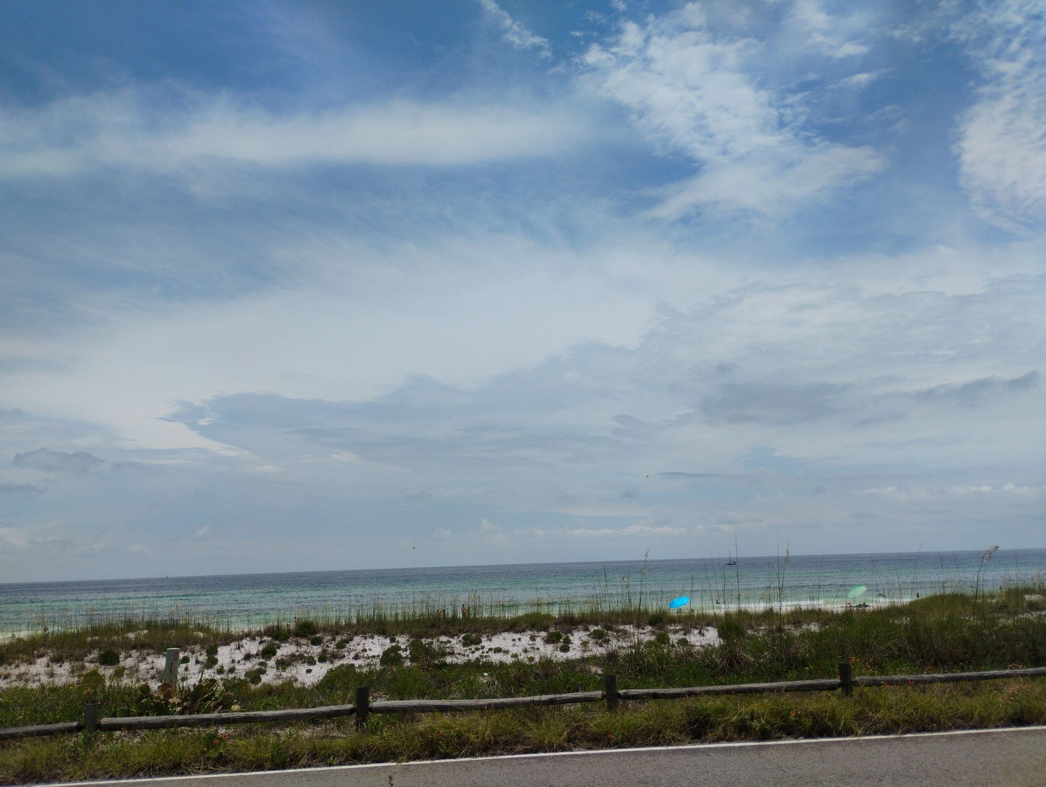 Beach with sandy dunes, calm ocean, and a partly cloudy sky. - Henderson Beach Nature Trail