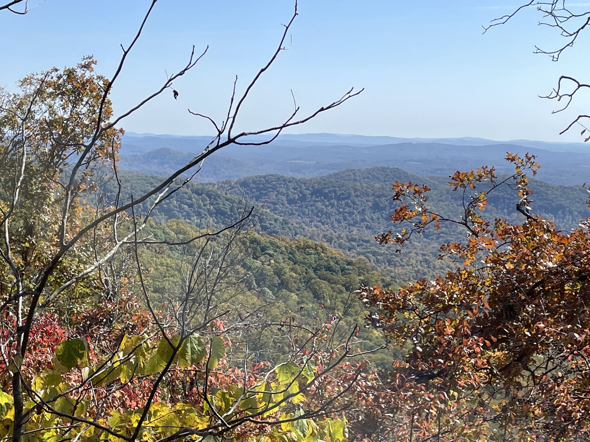 Autumn foliage frames a vast, sunny mountain landscape with rolling hills. - Smart View Loop Trail