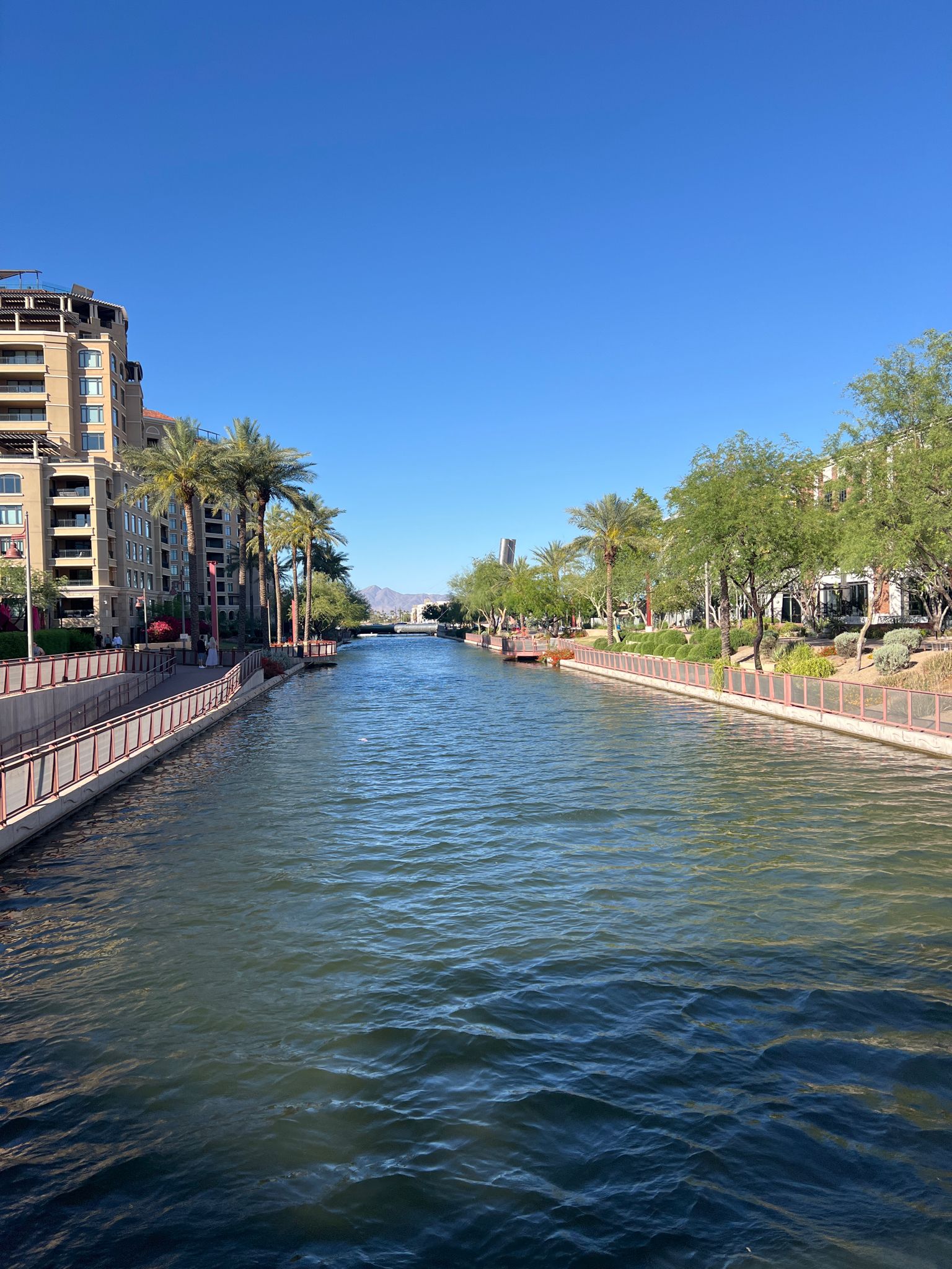 A long canal lined with buildings and palm trees under a clear blue sky. - Paradise Valley Loop via Sun Circle Trail