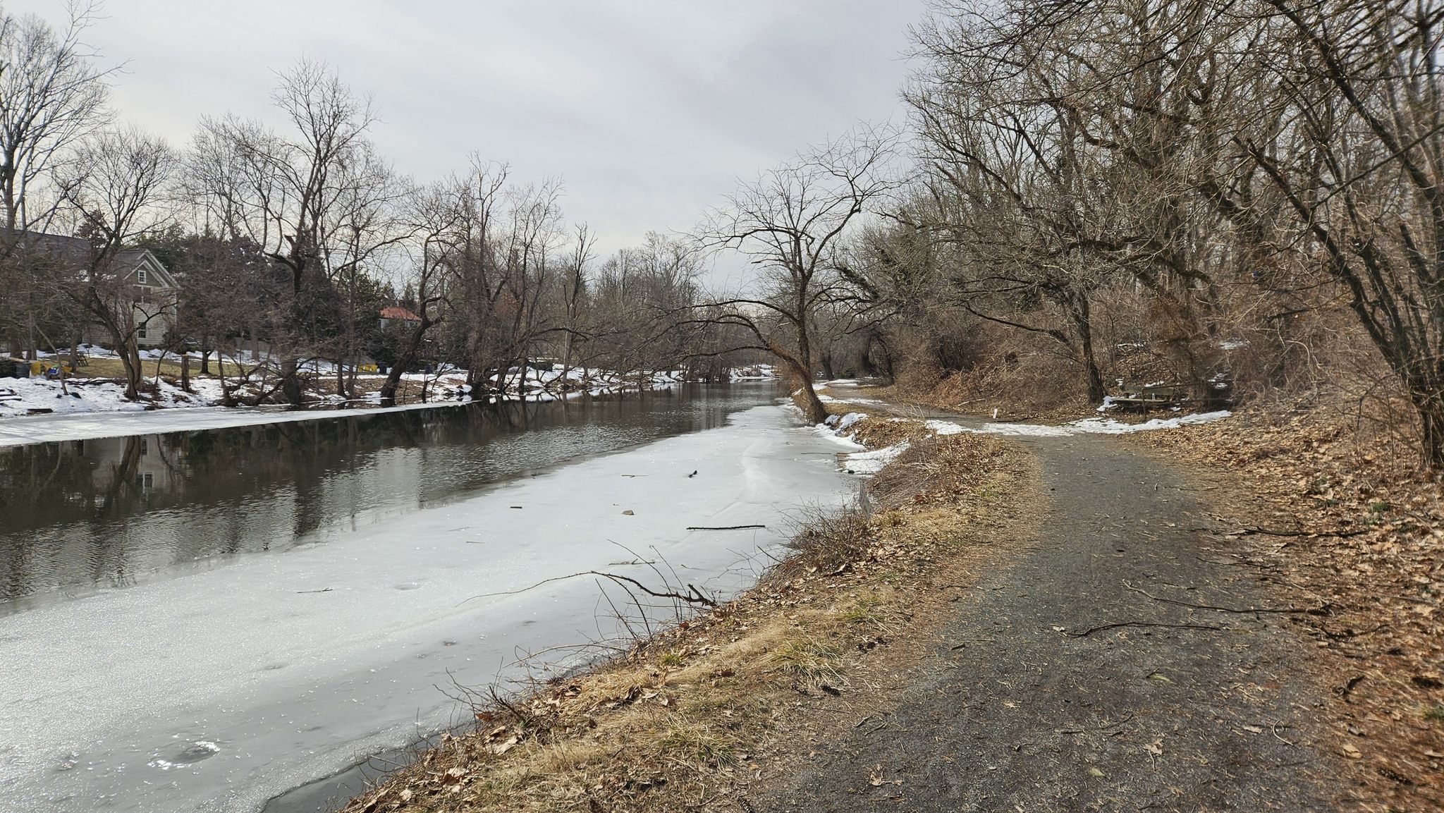 Icy canal next to a dirt path, bare trees, and an overcast sky. - D&R Canal Towpath loop from Adams