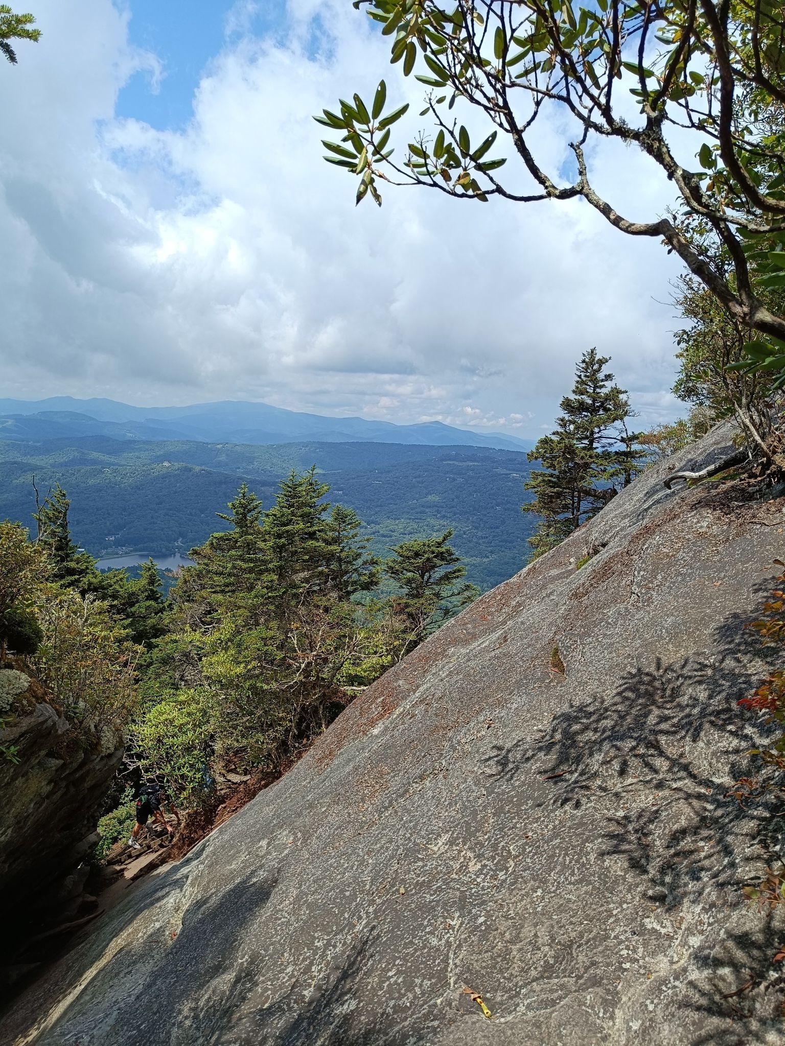 Steep rocky slope with trees and distant mountains under a partly cloudy sky. - View from MacRae Peak loop from Grandfather Mountain