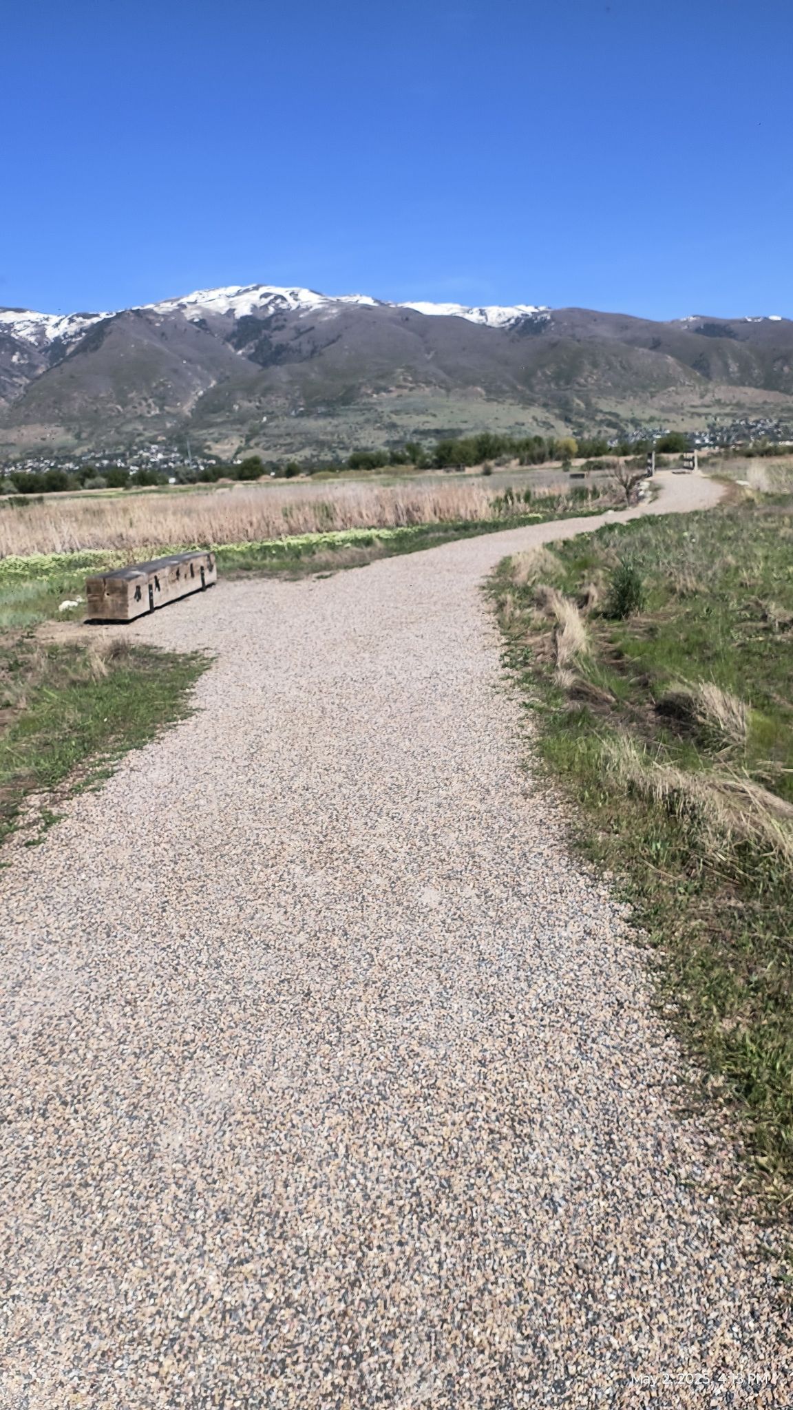 Gravel path leading towards distant snowy mountains under a clear blue sky. - Robert N. Hasenyager Great Salt Lake Nature Trail