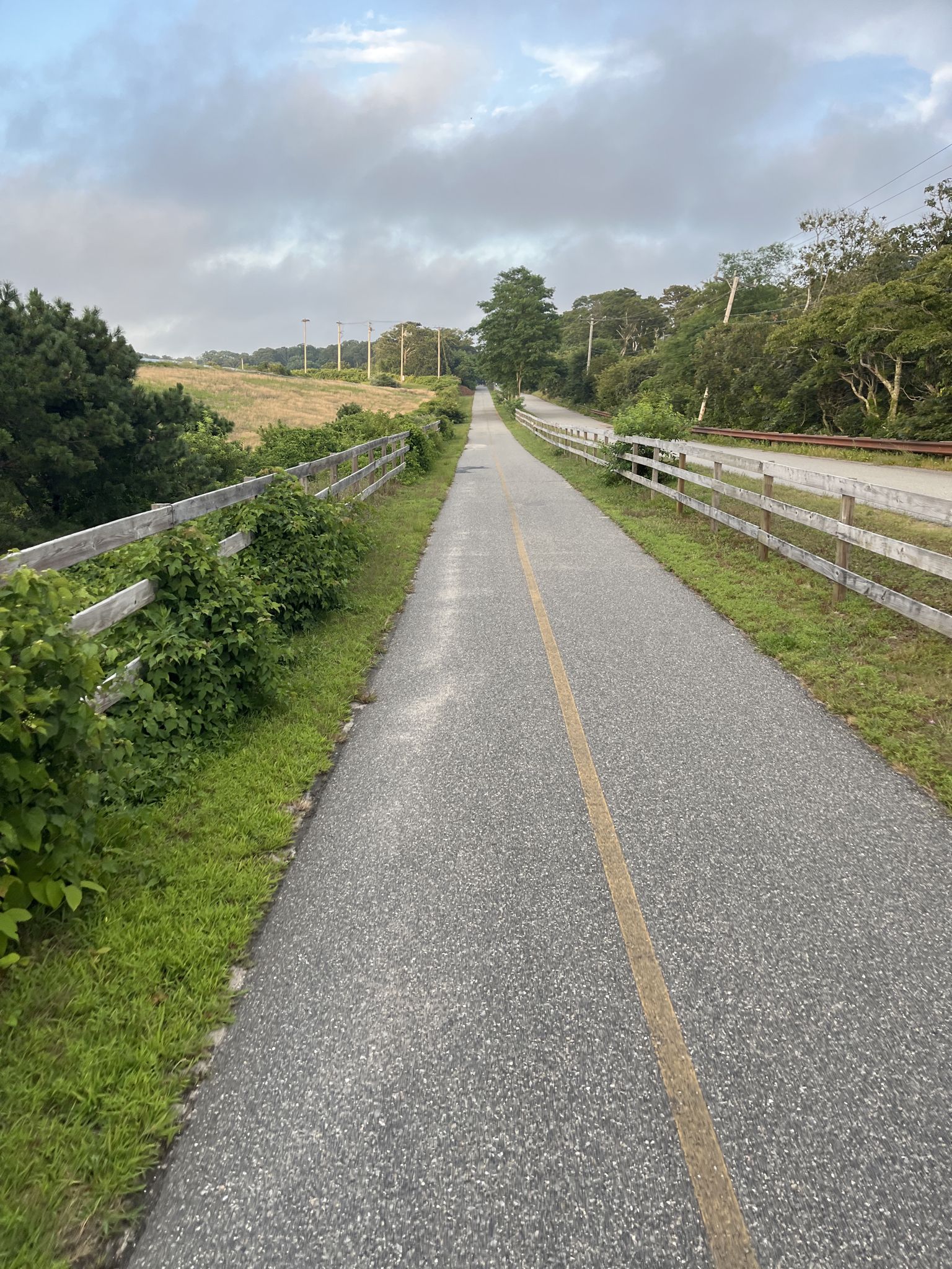 Long paved path with a yellow line, bordered by fences and fields. - Chatham Rail Trail Extension loop from West Chatham
