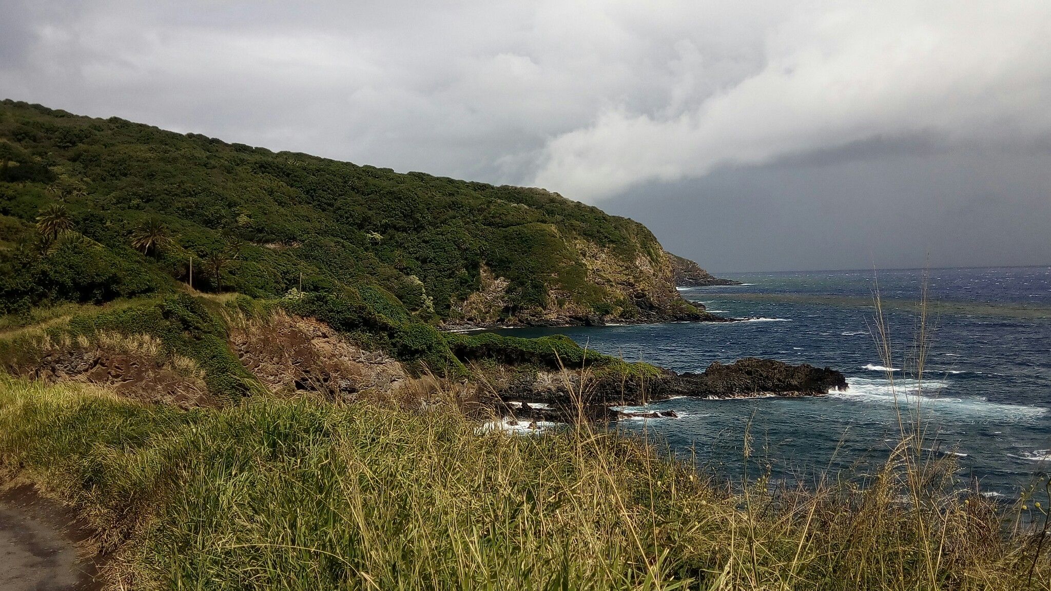 Rocky coastline with green hills under a cloudy sky, ocean waves crashing. - Pi'ilani Highway