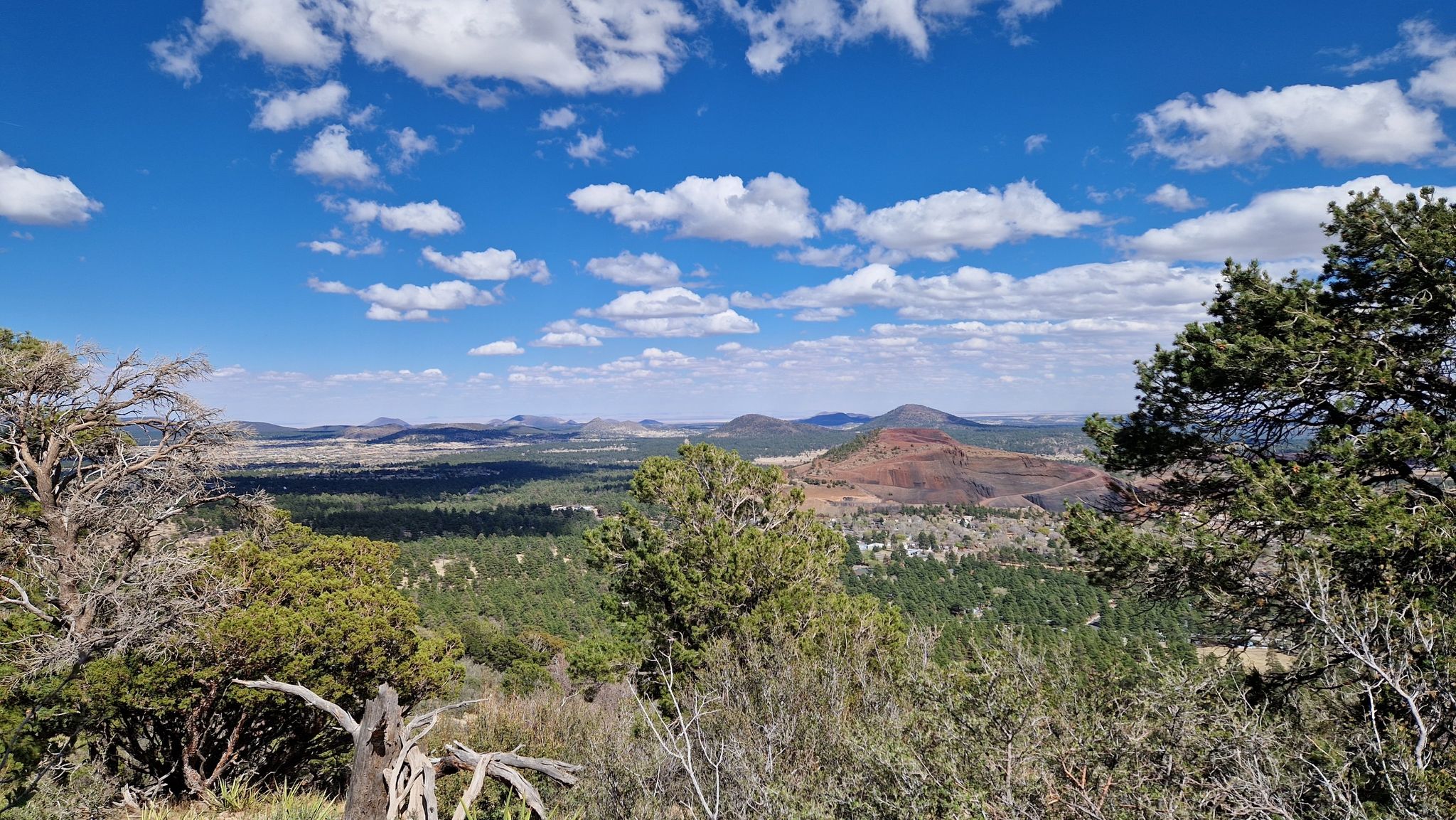 Expansive view of forested hills and distant mountains under a bright, cloudy sky. - Elden Mountain Lookout Tower – Fatman's Rock loop from Flagstaff Mall