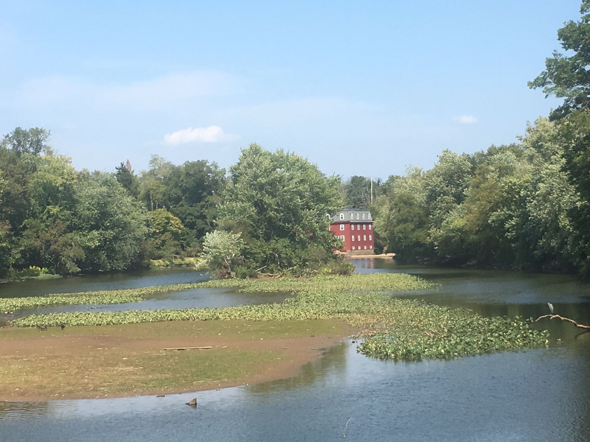 A red building stands beyond a lake with lily pads and green trees. - Carnegie Lake Dam loop from Griggstown
