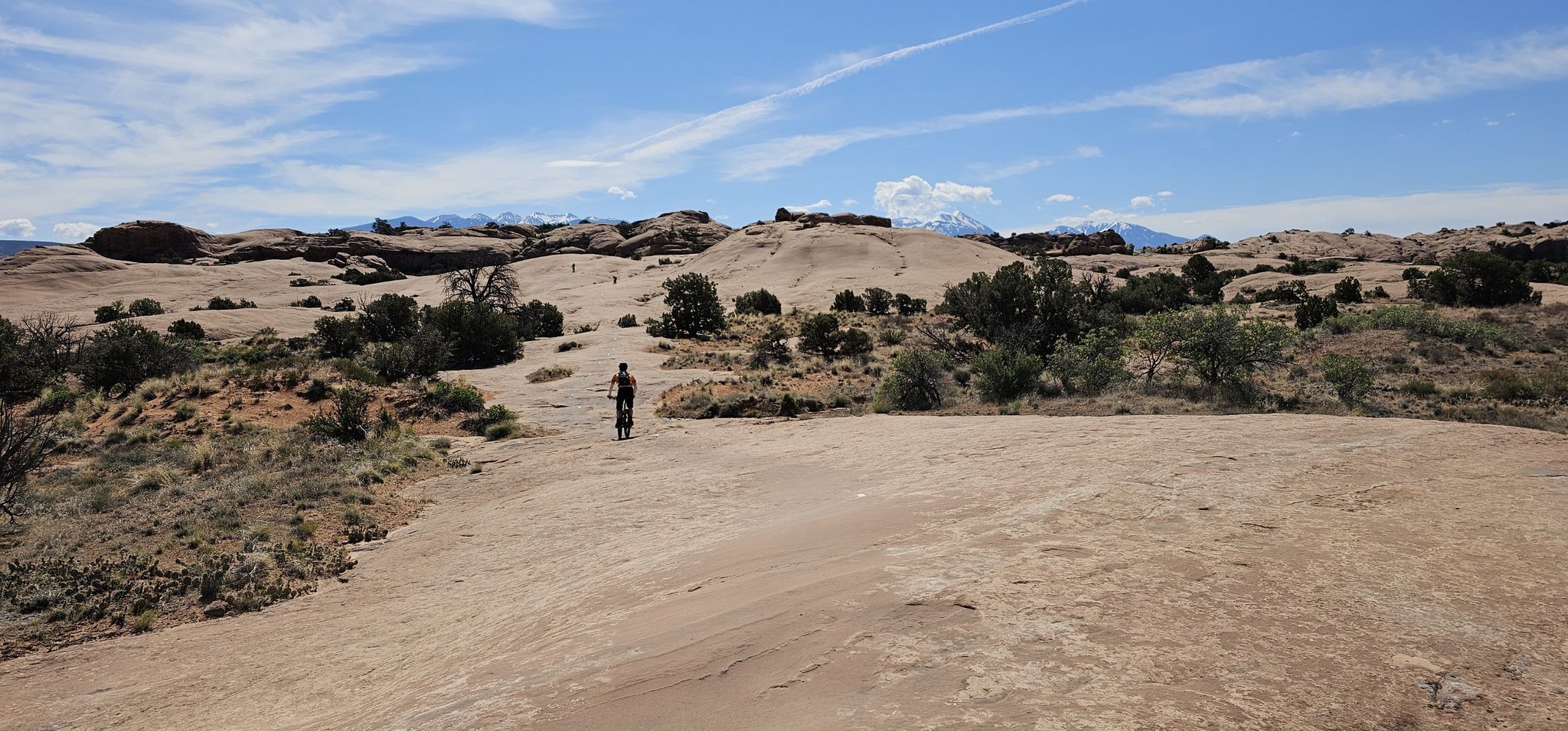 Person standing on a vast, rocky desert landscape under a blue sky. - Slickrock – Best of Moab MTB Trails