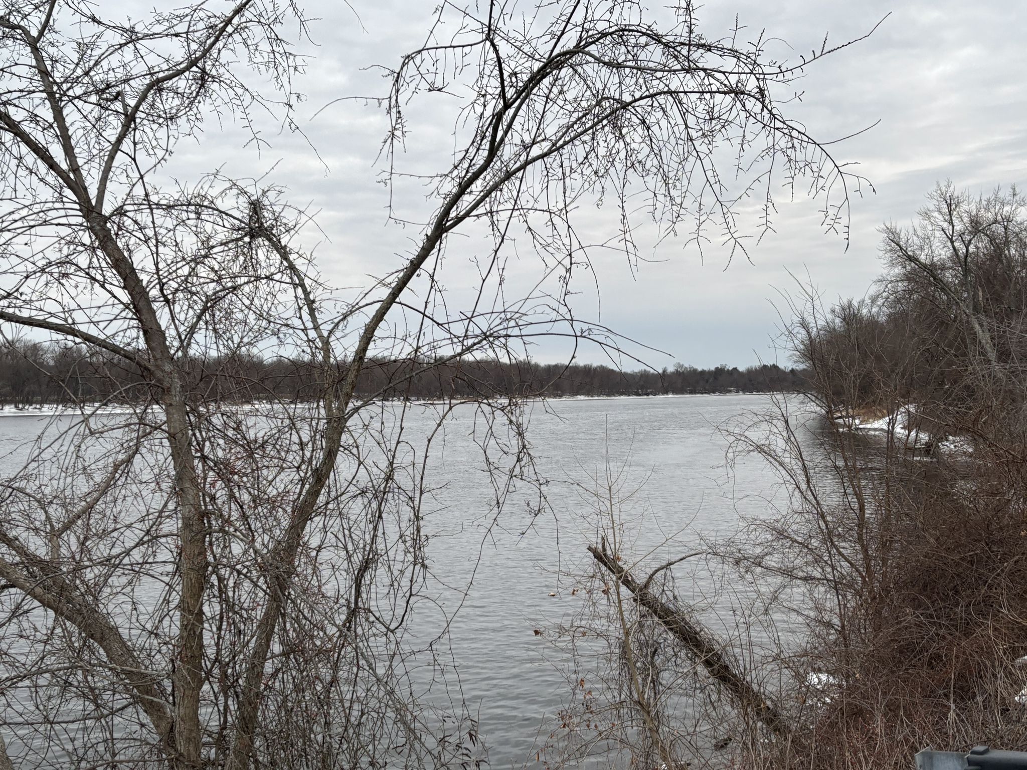 Wide river seen through bare winter tree branches under a cloudy sky. - Day Hill – Birges Hill loop from Suffield