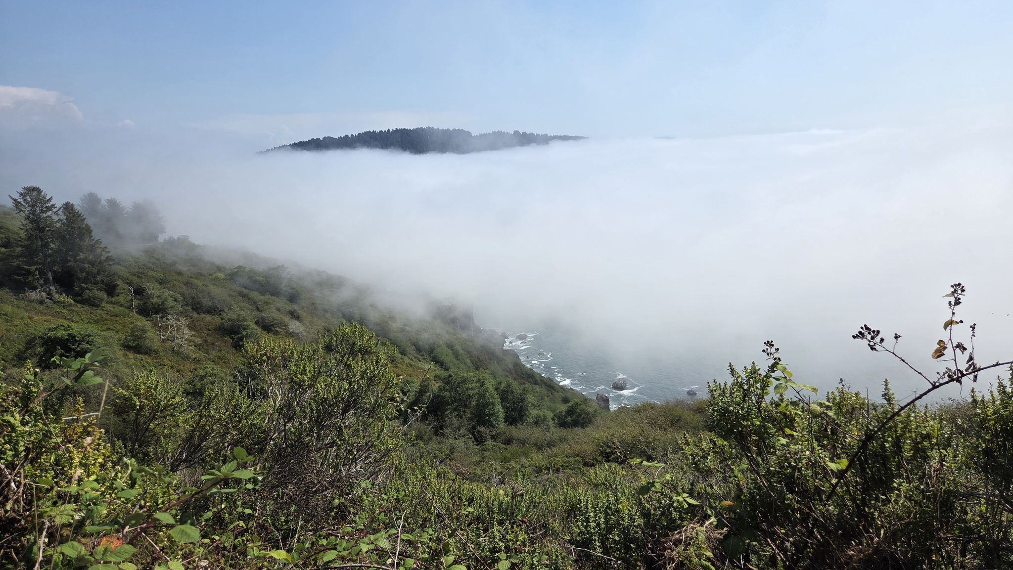 Foggy mountain landscape with a river winding through the mist. - California Coastal Trail - Klamath Section