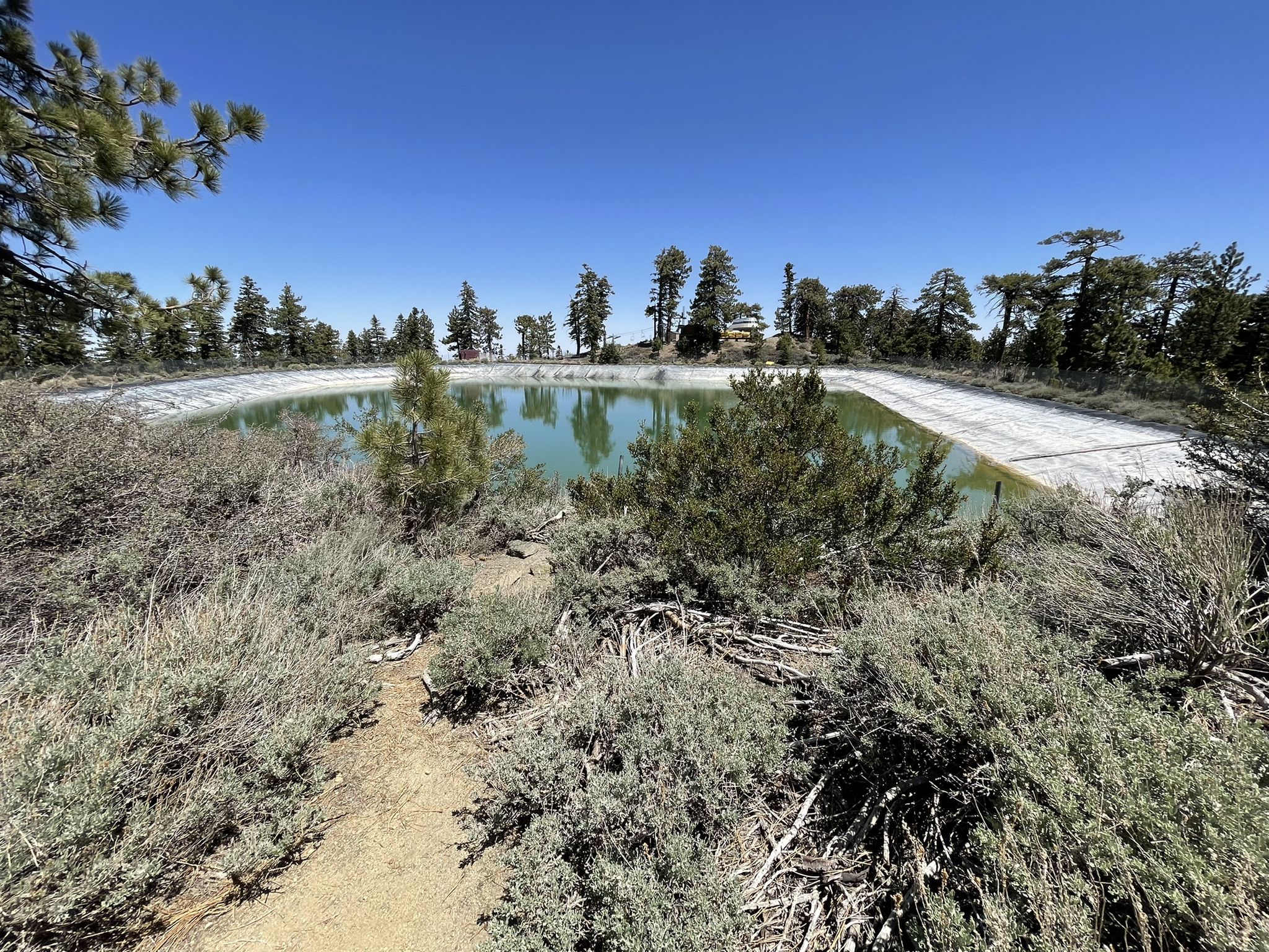 Large, lined reservoir surrounded by pine trees and dry brush under a clear sky. - Pacific Crest Trail: Inspiration Point to Blue Ridge