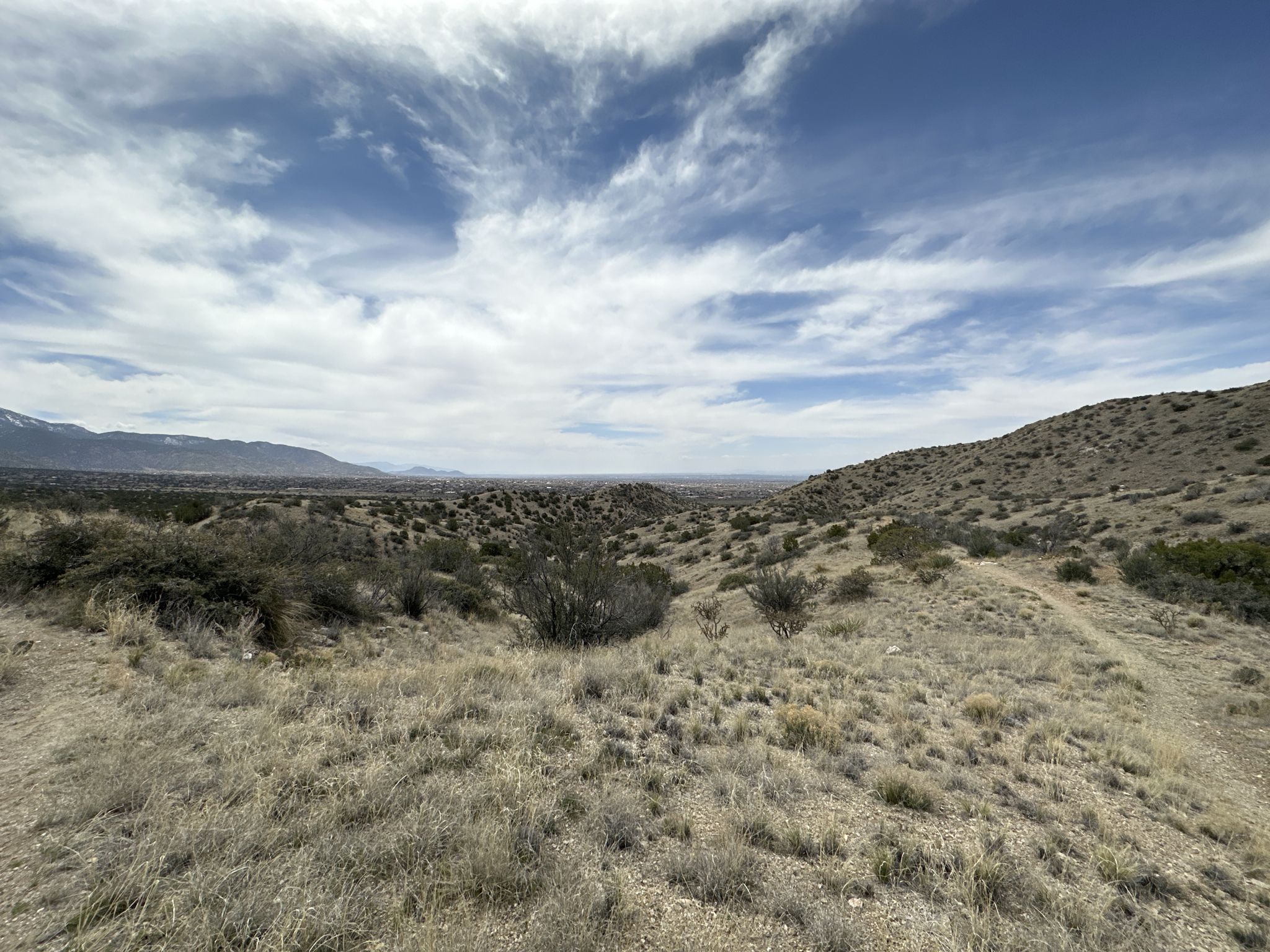 Vast arid landscape with dry grass, sparse bushes, and distant mountains. - Juan Tabo Canyon Loop