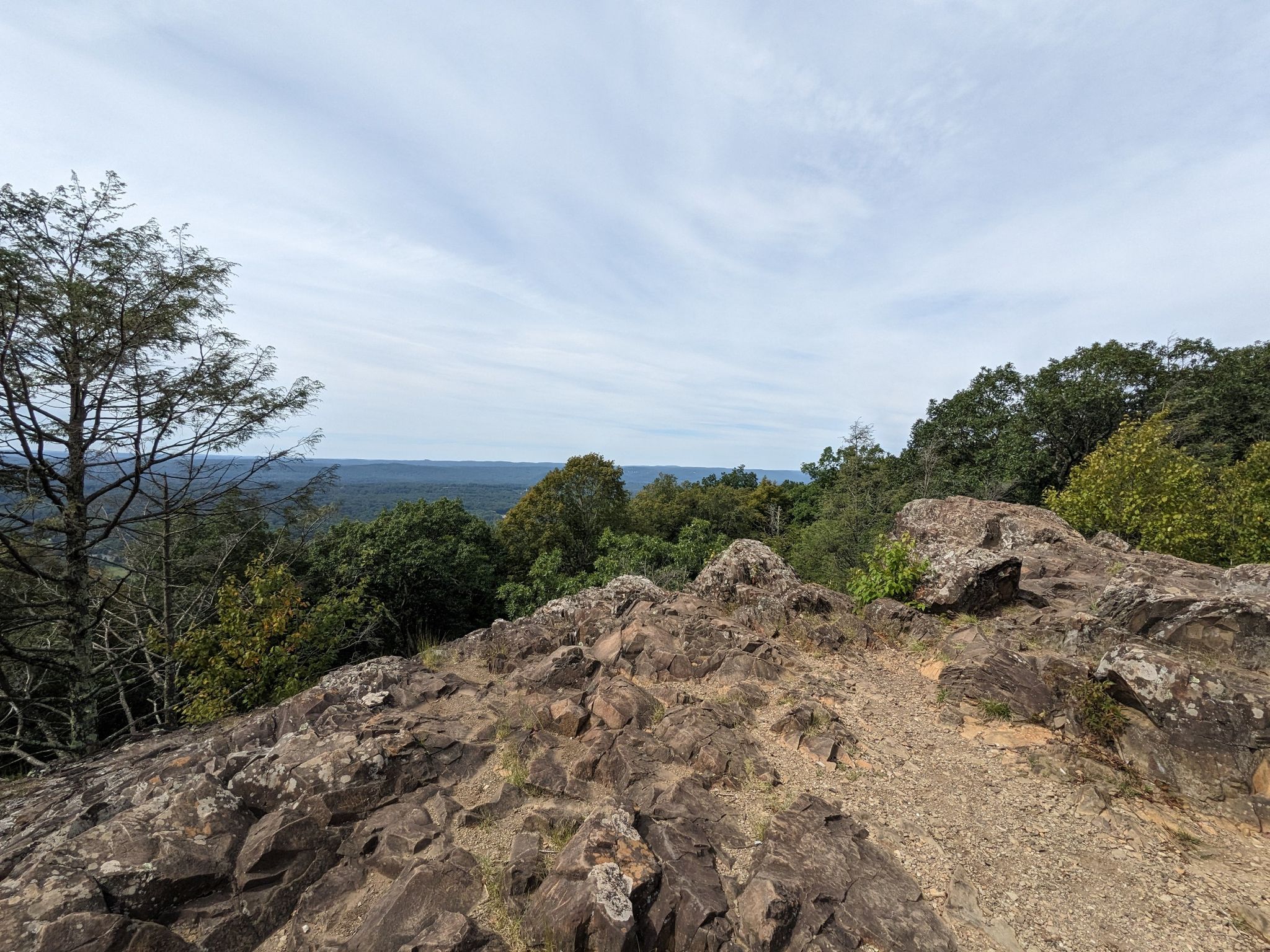 Rocky outcrop with sparse trees overlooking a vast green forest under a cloudy sky. - Talcott Mountain State Park Loop Trail