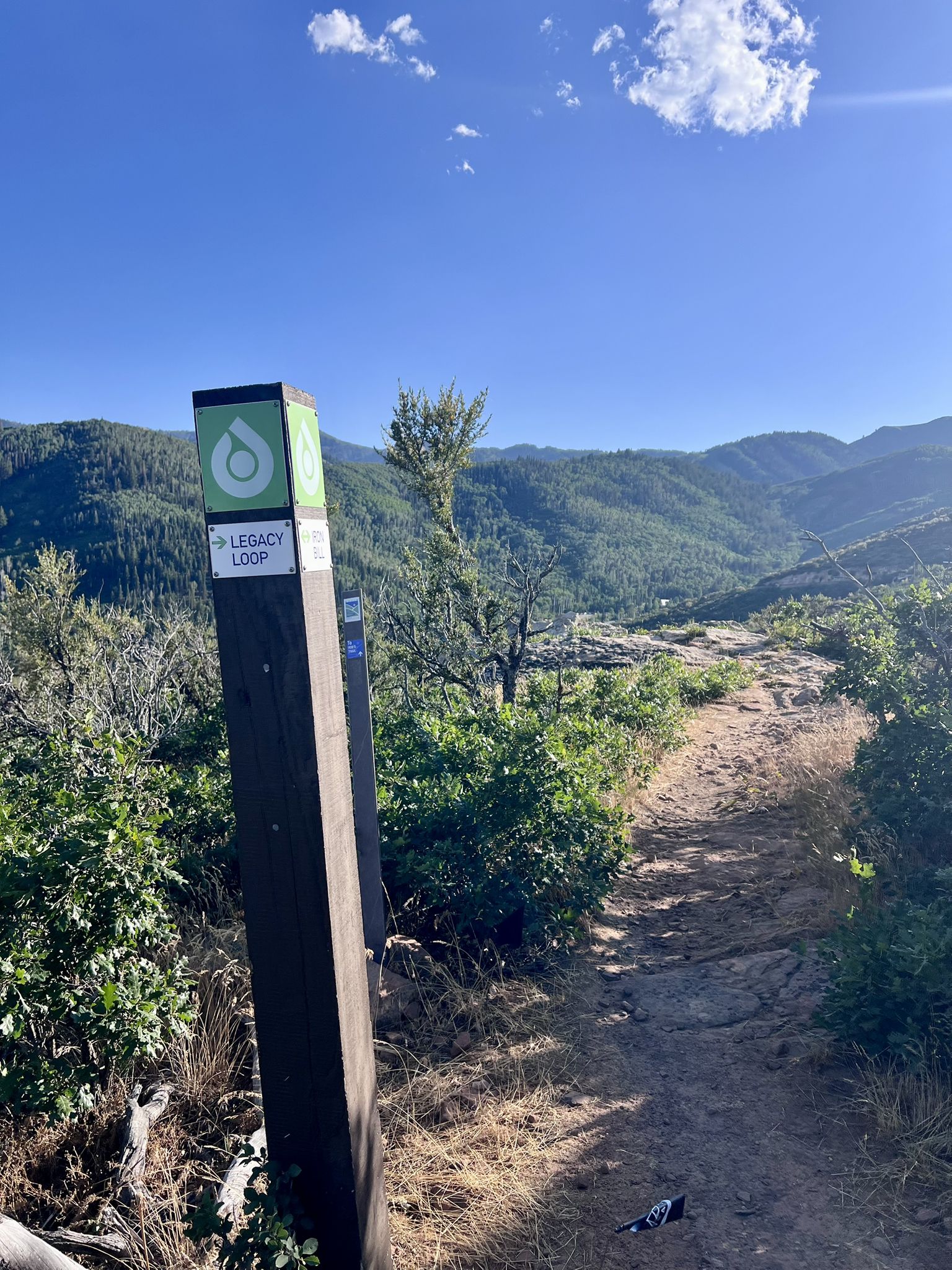 A trail sign on a dirt path overlooking sunny green mountains under a blue sky. - RTS Trail – Utah Olympic Park loop from Toll Canyon