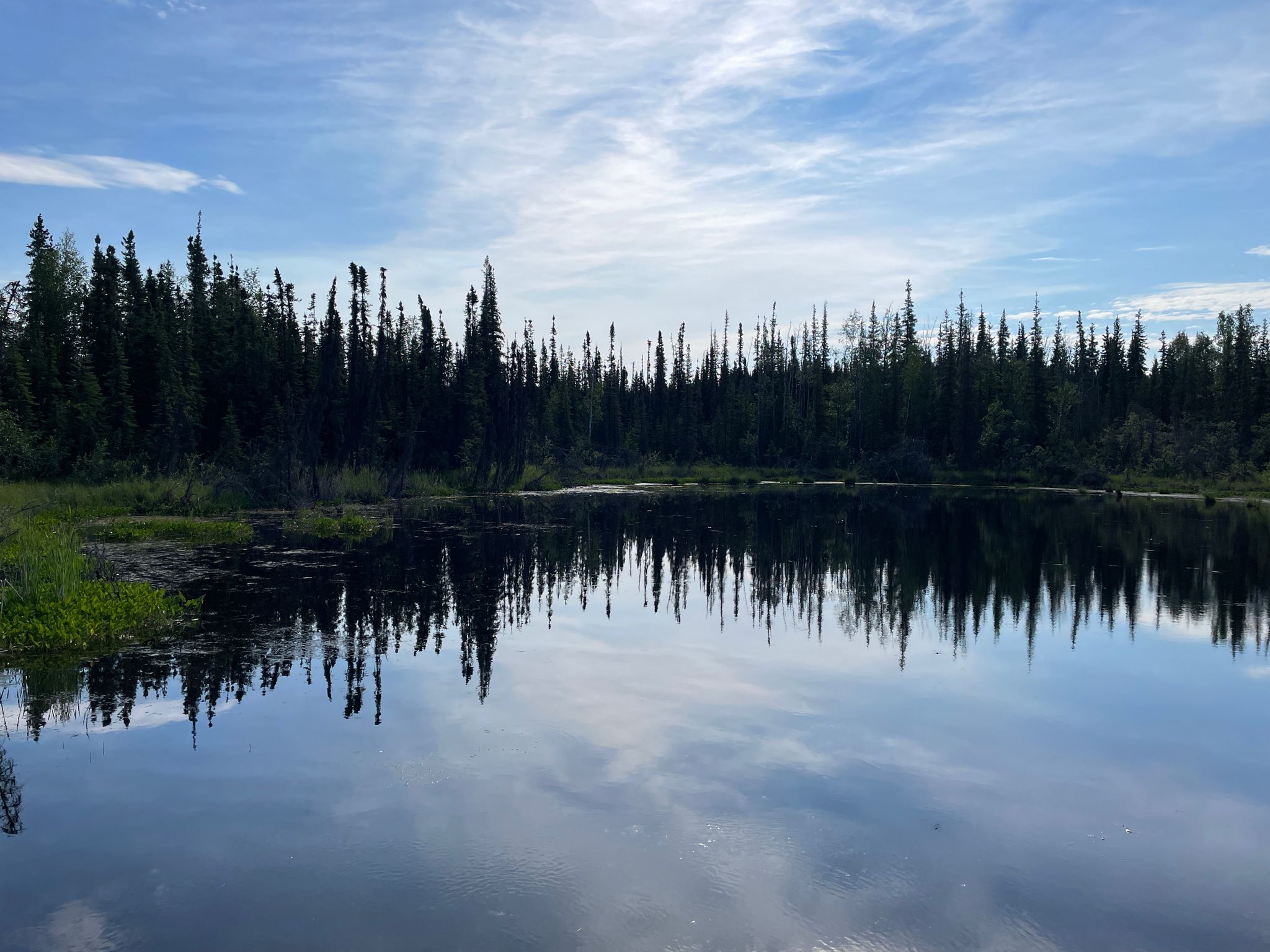 Still lake reflecting a dark pine forest and cloudy sky at dusk. - Equinox Marathon Trail