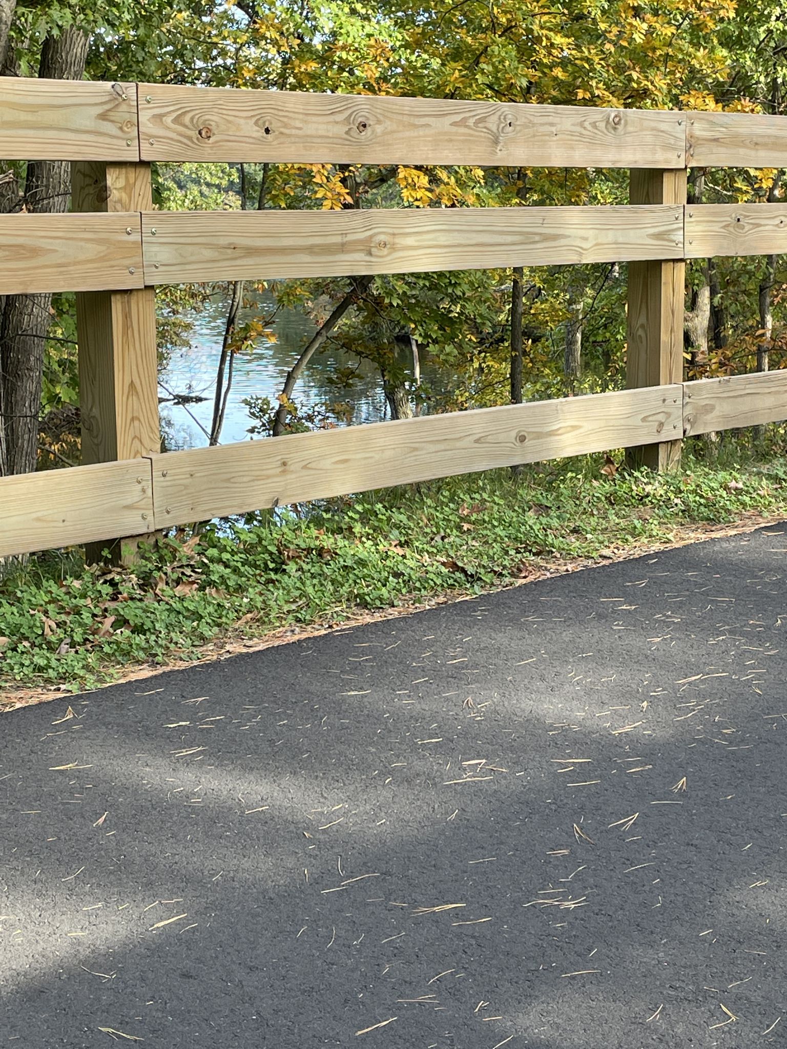 Wooden fence alongside a paved path, overlooking water and trees. - Cochituate Rail Trail – Lake Cochituate (Middle Pond) loop from Jordan's Furniture